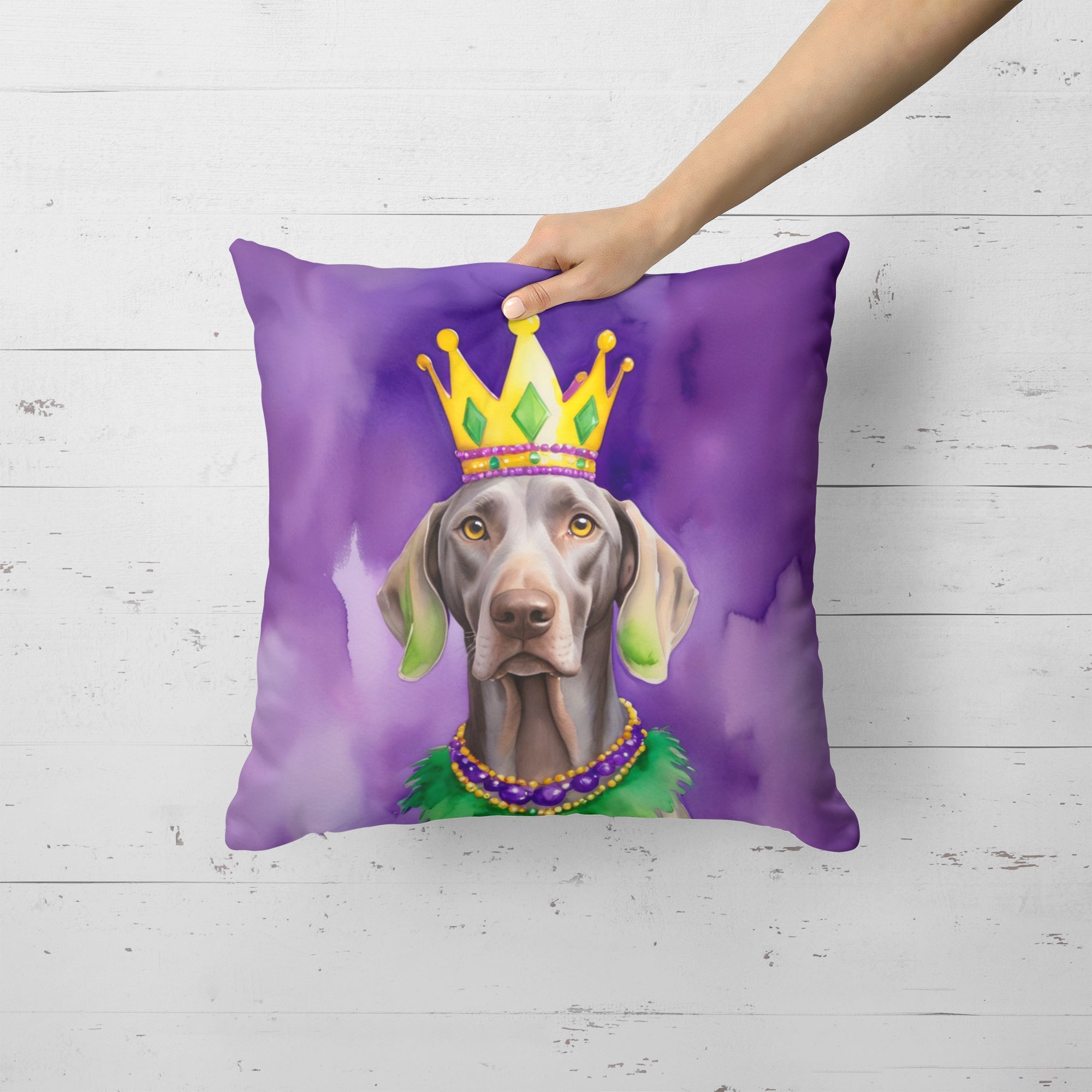 Weimaraner King of Mardi Gras Decorative Throw Pillow 18x18 Indoor Outdoor Accent Cushion, Fabric Cover with Insert for Sofa, Bed, Porch & Living Room