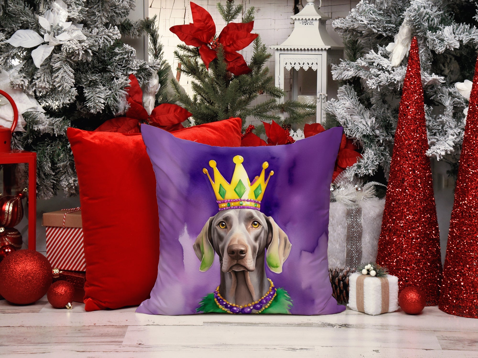 Weimaraner King of Mardi Gras Decorative Throw Pillow 18x18 Indoor Outdoor Accent Cushion, Fabric Cover with Insert for Sofa, Bed, Porch & Living Room
