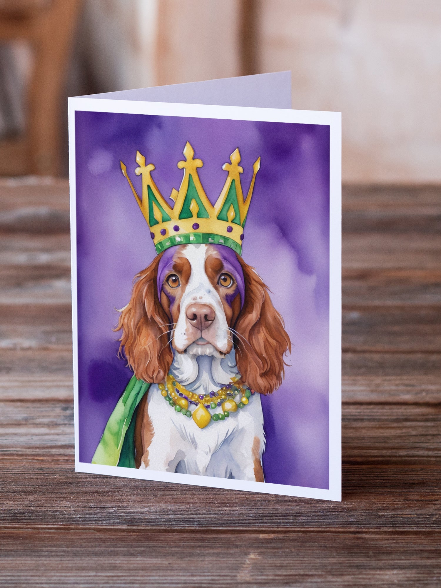Welsh Springer Spaniel King of Mardi Gras Greeting Cards Pack of 8 Blank Cards with Envelopes Whimsical A7 Size 5x7