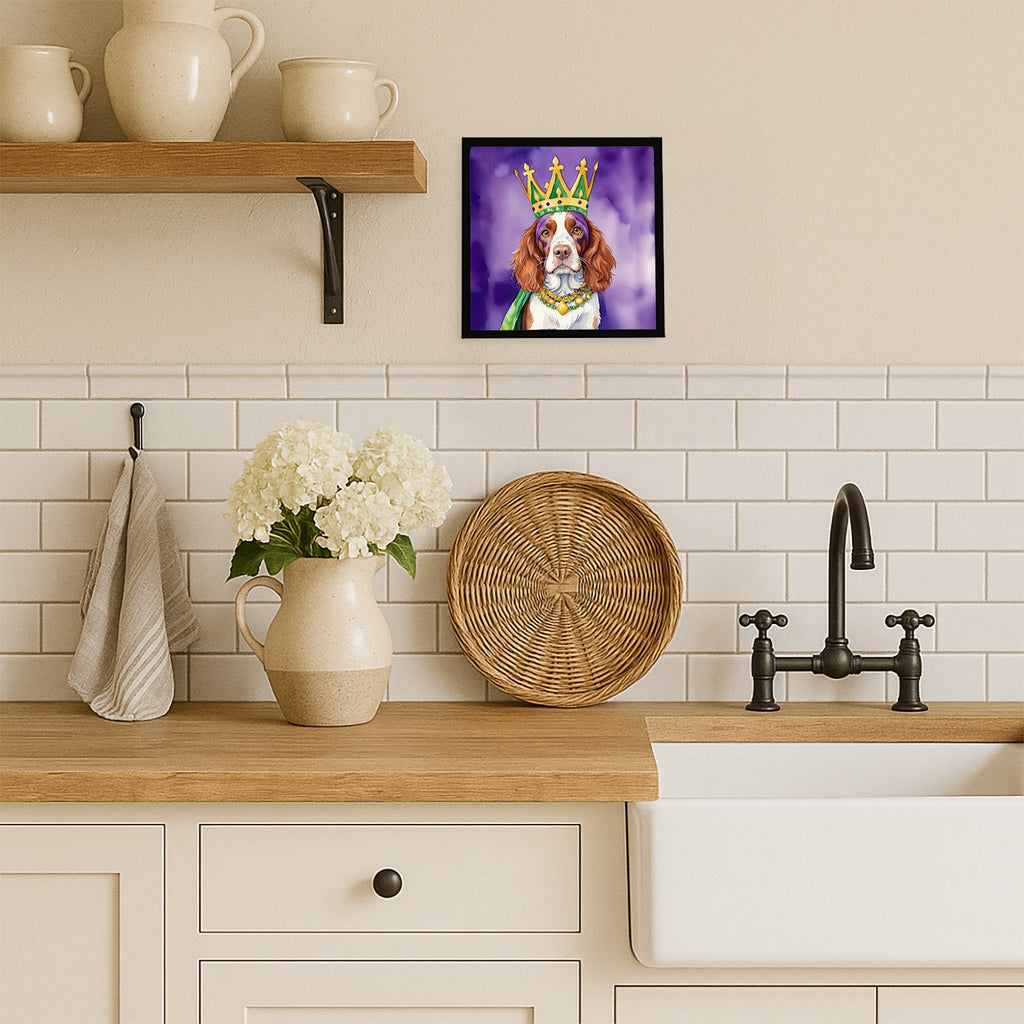 Welsh Springer Spaniel King of Mardi Gras Framed Metal Print Bathroom, Kitchen, Office, Home Decor Wall Art Ready to Hang, Square, 8X8