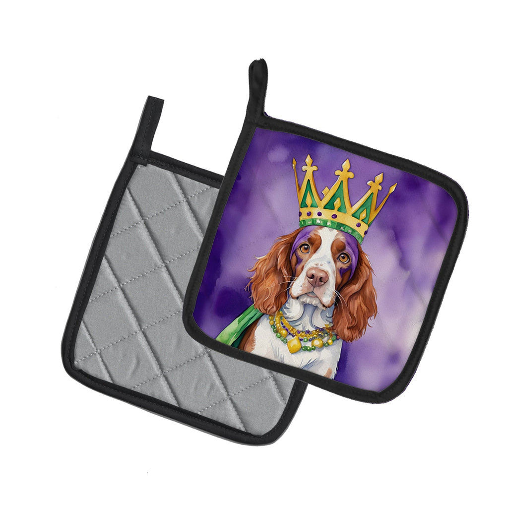 Welsh Springer Spaniel King of Mardi Gras Pot Holder Set of 2 Heat Resistant Quilted Hot Pads 7.5 x 7.5 Inch, Insulated Kitchen Trivets for Cooking & Baking