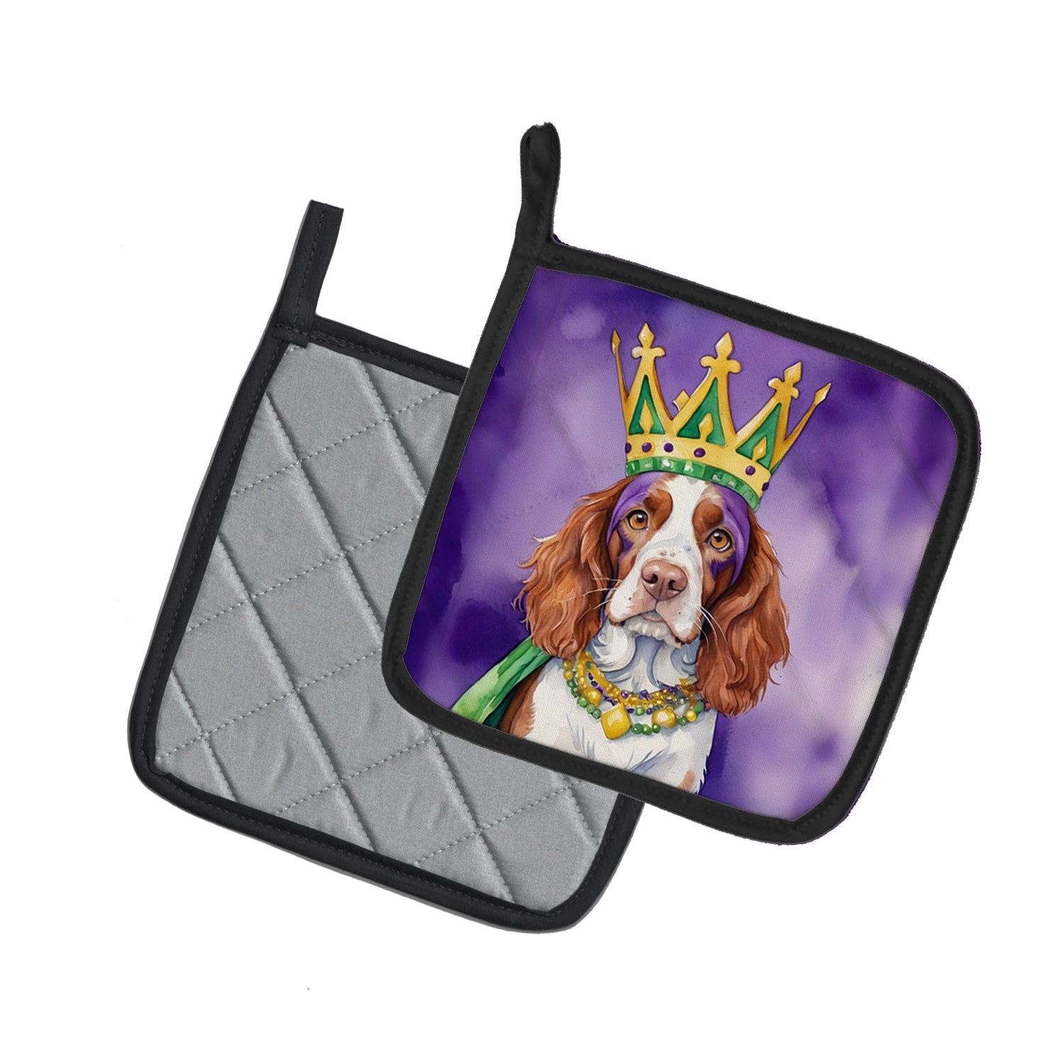 Welsh Springer Spaniel King of Mardi Gras Pot Holder Set of 2 Heat Resistant Quilted Hot Pads 7.5 x 7.5 Inch, Insulated Kitchen Trivets for Cooking & Baking