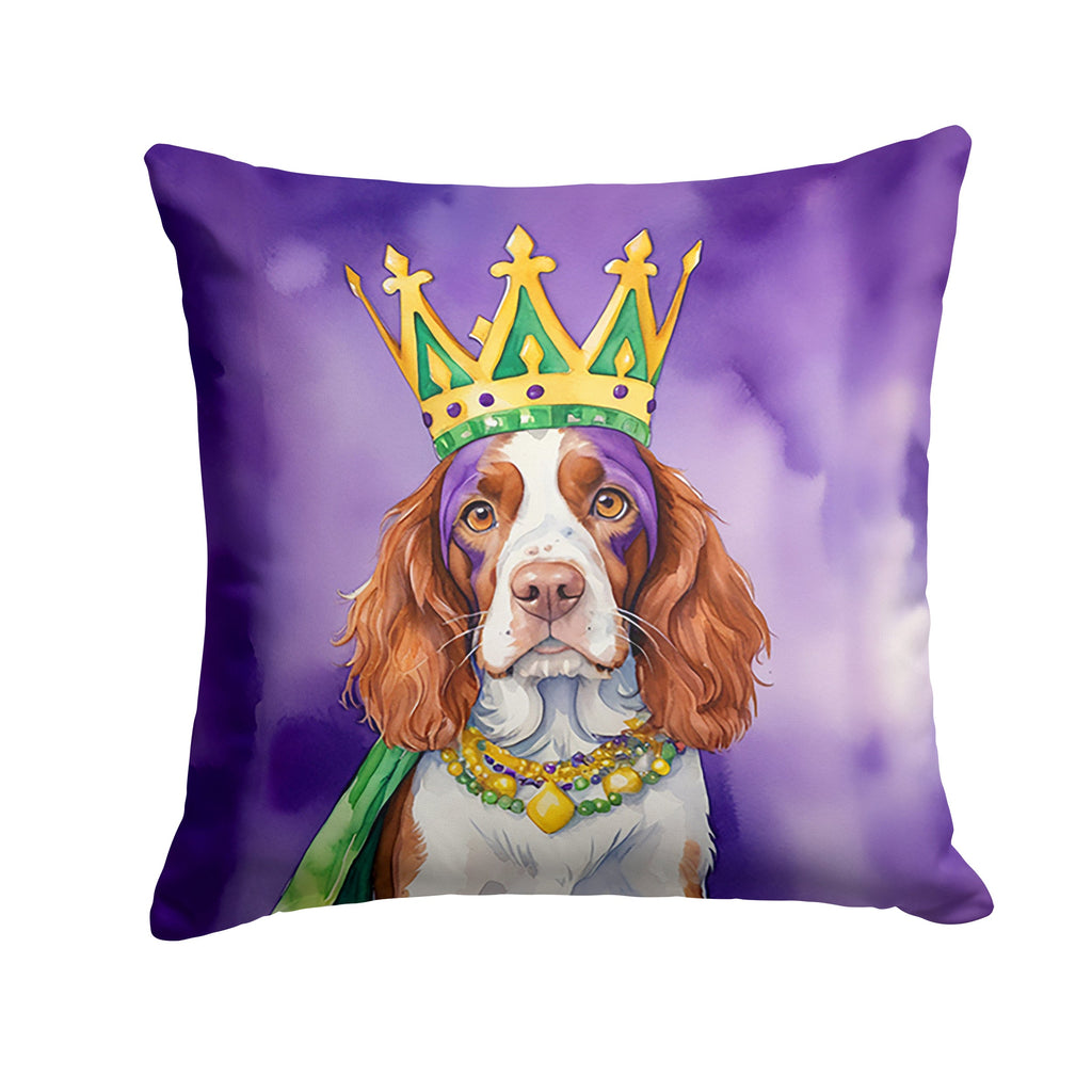 Welsh Springer Spaniel King of Mardi Gras Decorative Throw Pillow 14x14 Indoor Outdoor Accent Cushion, Fabric Cover with Insert for Sofa, Bed, Porch & Living Room