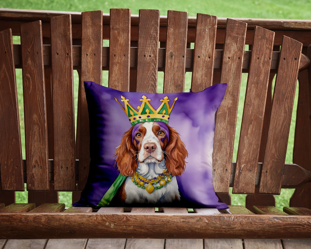 Welsh Springer Spaniel King of Mardi Gras Decorative Throw Pillow 14x14 Indoor Outdoor Accent Cushion, Fabric Cover with Insert for Sofa, Bed, Porch & Living Room