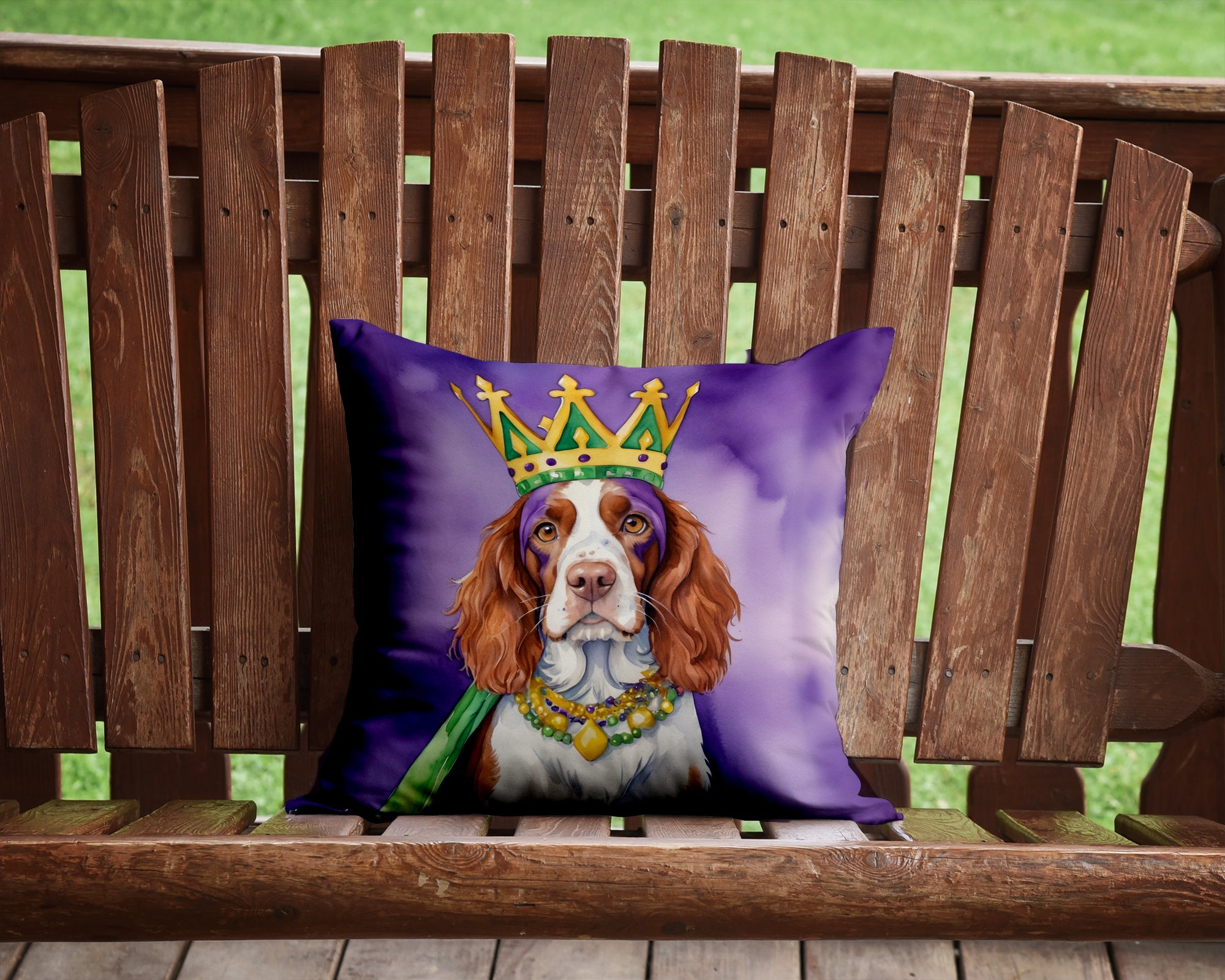 Welsh Springer Spaniel King of Mardi Gras Decorative Throw Pillow 14x14 Indoor Outdoor Accent Cushion, Fabric Cover with Insert for Sofa, Bed, Porch & Living Room