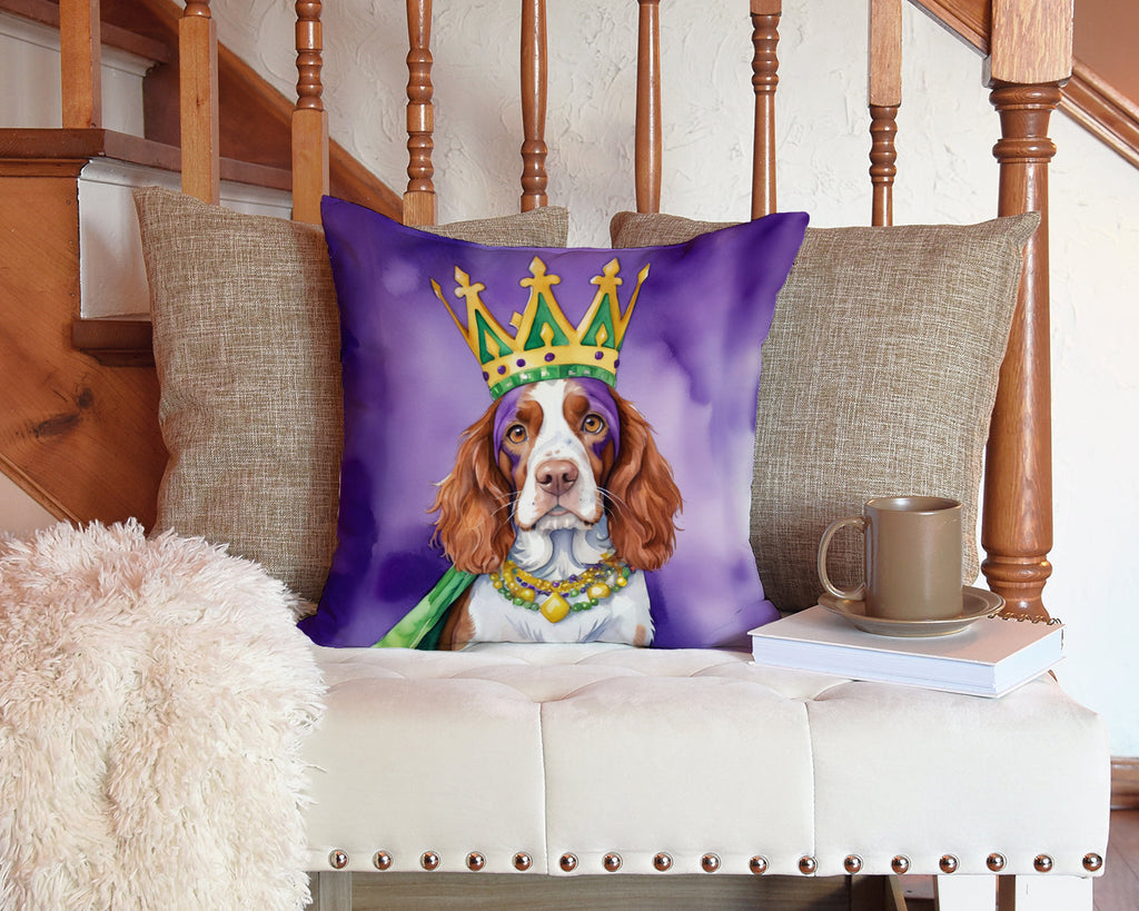 Welsh Springer Spaniel King of Mardi Gras Decorative Throw Pillow 14x14 Indoor Outdoor Accent Cushion, Fabric Cover with Insert for Sofa, Bed, Porch & Living Room