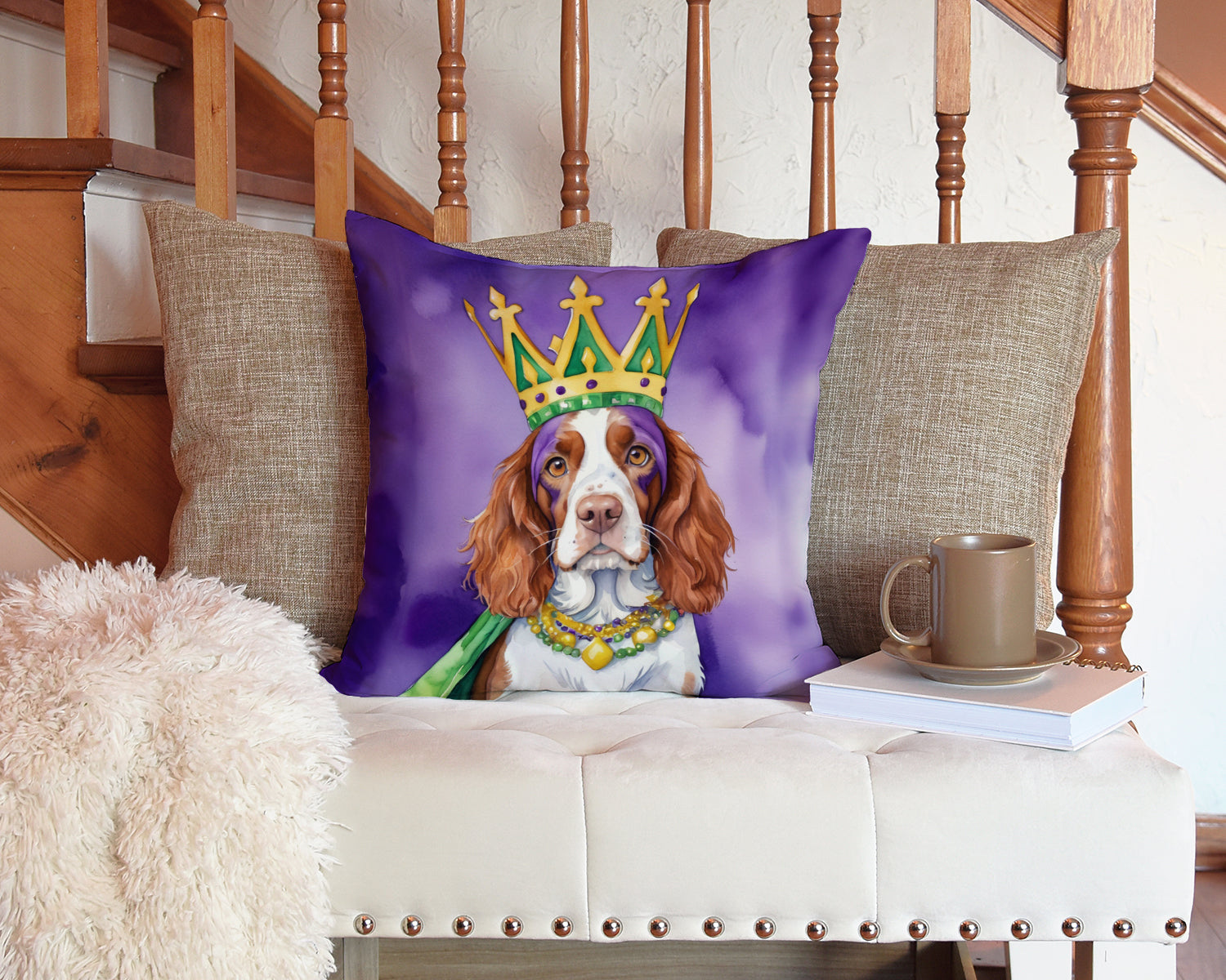 Welsh Springer Spaniel King of Mardi Gras Decorative Throw Pillow 14x14 Indoor Outdoor Accent Cushion, Fabric Cover with Insert for Sofa, Bed, Porch & Living Room