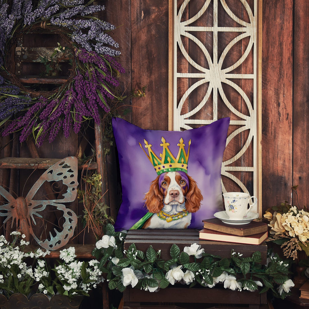 Welsh Springer Spaniel King of Mardi Gras Decorative Throw Pillow 14x14 Indoor Outdoor Accent Cushion, Fabric Cover with Insert for Sofa, Bed, Porch & Living Room