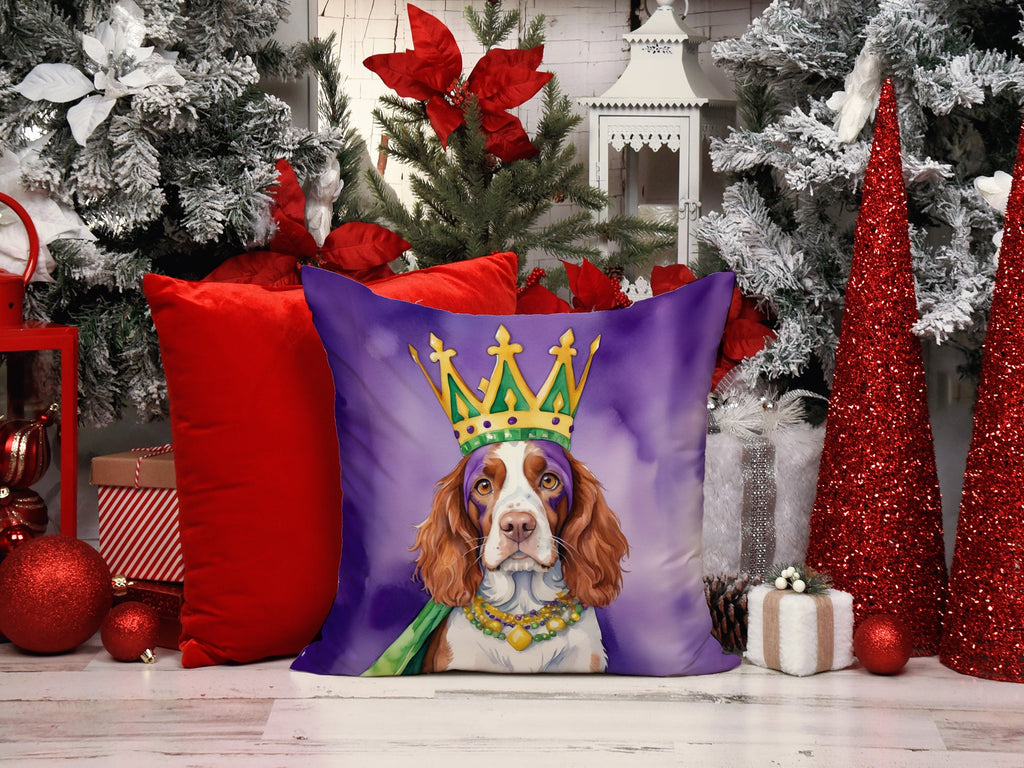 Welsh Springer Spaniel King of Mardi Gras Decorative Throw Pillow 14x14 Indoor Outdoor Accent Cushion, Fabric Cover with Insert for Sofa, Bed, Porch & Living Room