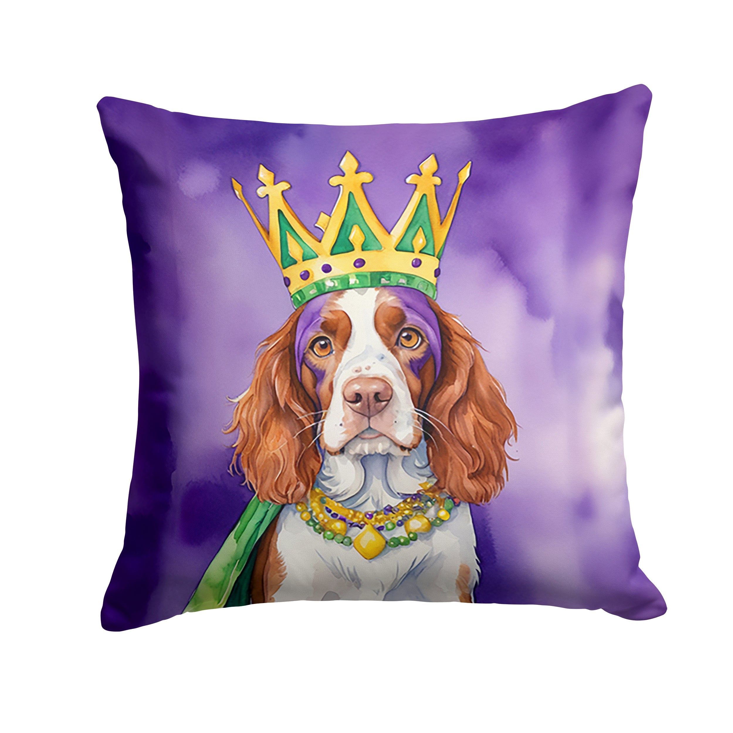 Welsh Springer Spaniel King of Mardi Gras Decorative Throw Pillow 18x18 Indoor Outdoor Accent Cushion, Fabric Cover with Insert for Sofa, Bed, Porch & Living Room