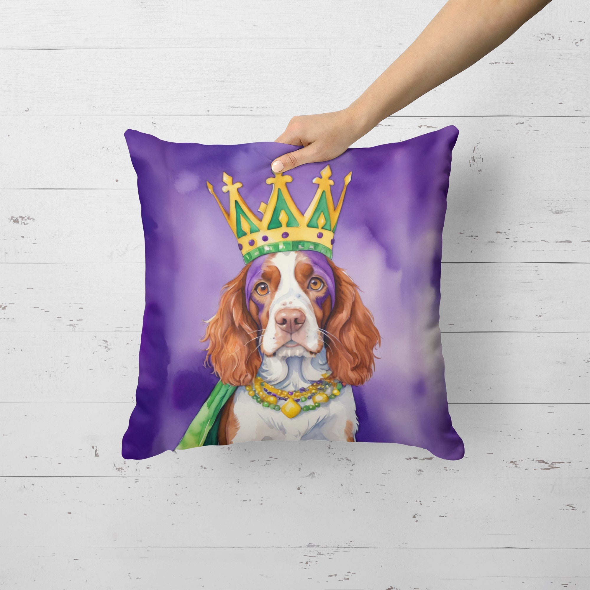 Welsh Springer Spaniel King of Mardi Gras Decorative Throw Pillow 18x18 Indoor Outdoor Accent Cushion, Fabric Cover with Insert for Sofa, Bed, Porch & Living Room