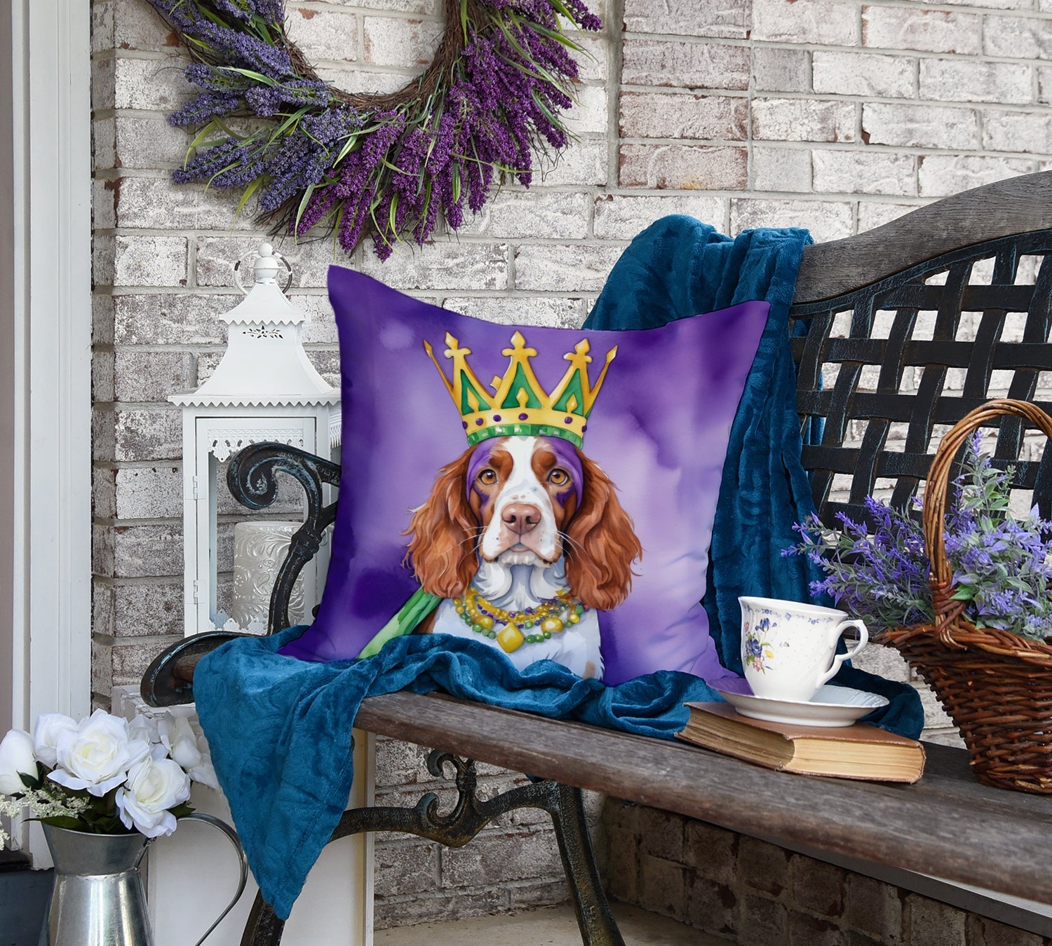 Welsh Springer Spaniel King of Mardi Gras Decorative Throw Pillow 18x18 Indoor Outdoor Accent Cushion, Fabric Cover with Insert for Sofa, Bed, Porch & Living Room