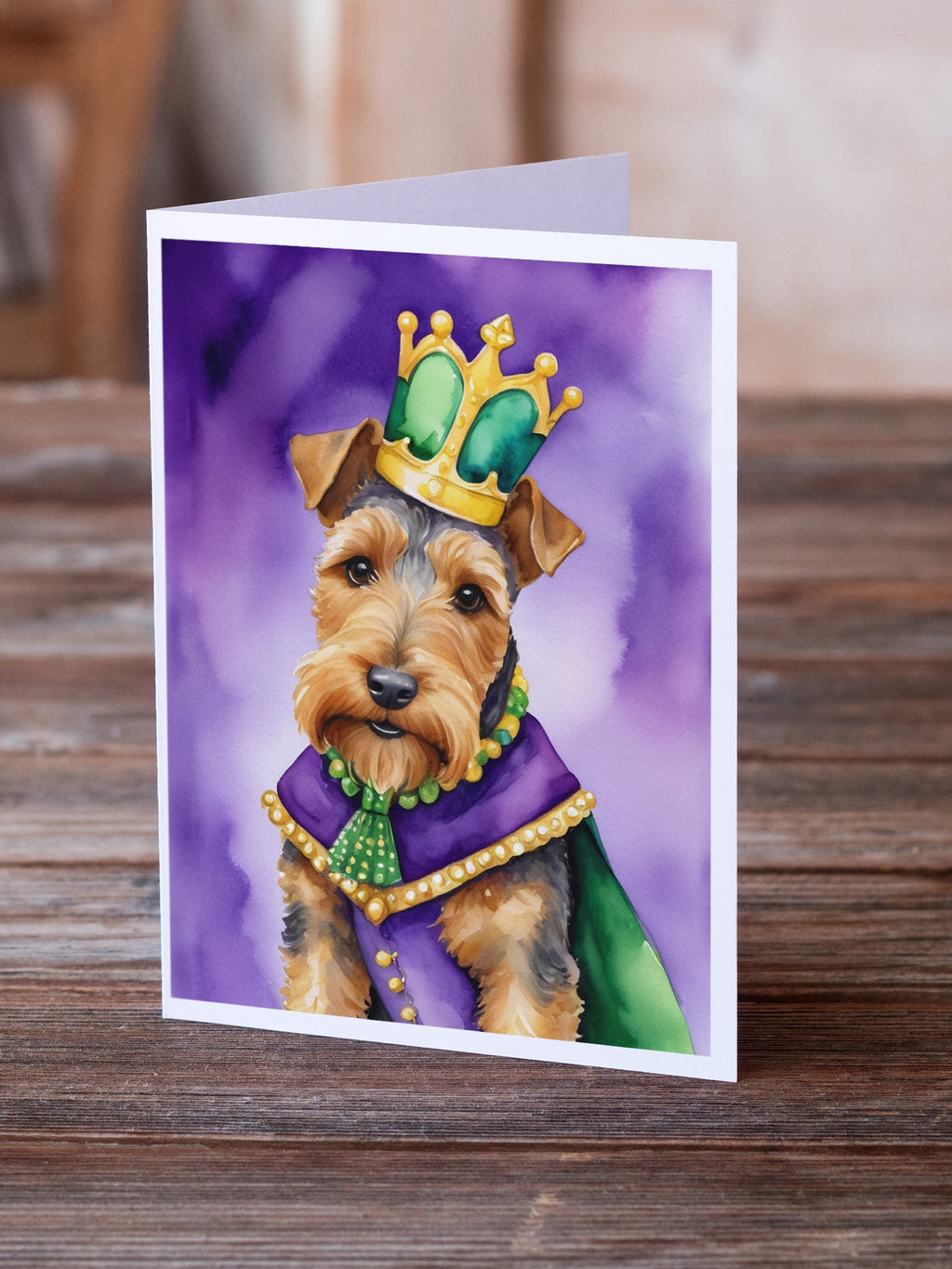 Welsh Terrier King of Mardi Gras Greeting Cards Pack of 8 Blank Cards with Envelopes Whimsical A7 Size 5x7