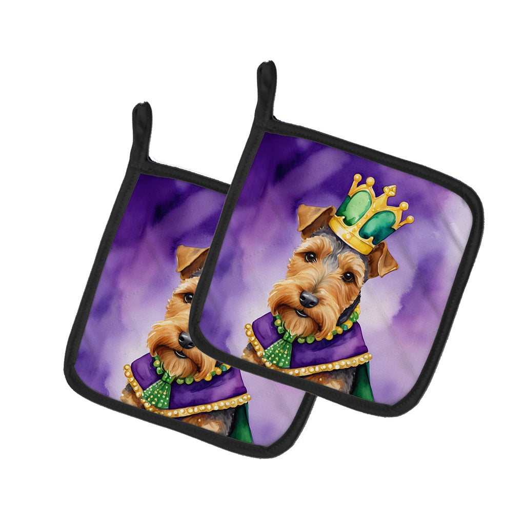 Welsh Terrier King of Mardi Gras Pot Holder Set of 2 Heat Resistant Quilted Hot Pads 7.5 x 7.5 Inch, Insulated Kitchen Trivets for Cooking & Baking