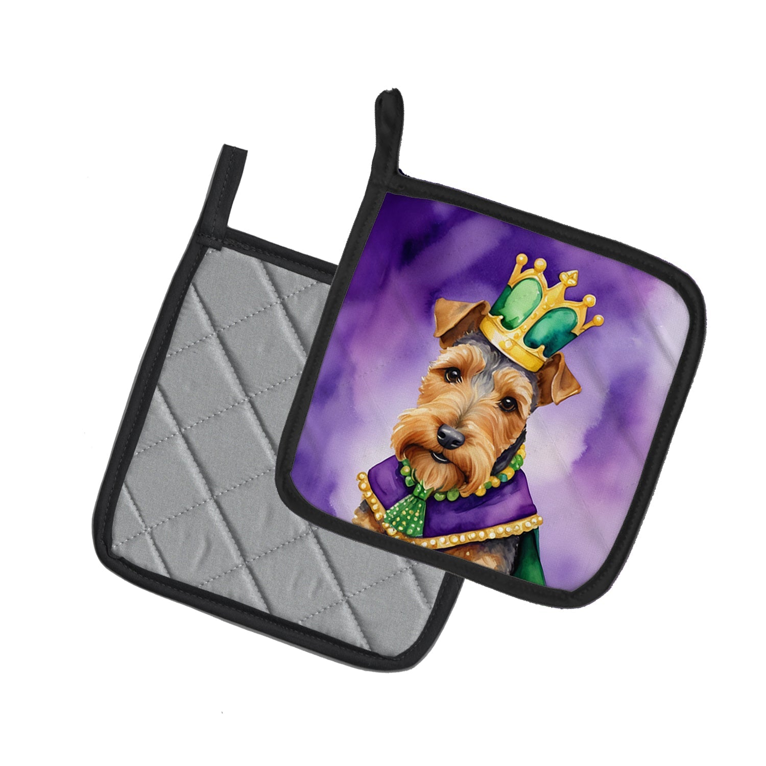 Welsh Terrier King of Mardi Gras Pot Holder Set of 2 Heat Resistant Quilted Hot Pads 7.5 x 7.5 Inch, Insulated Kitchen Trivets for Cooking & Baking