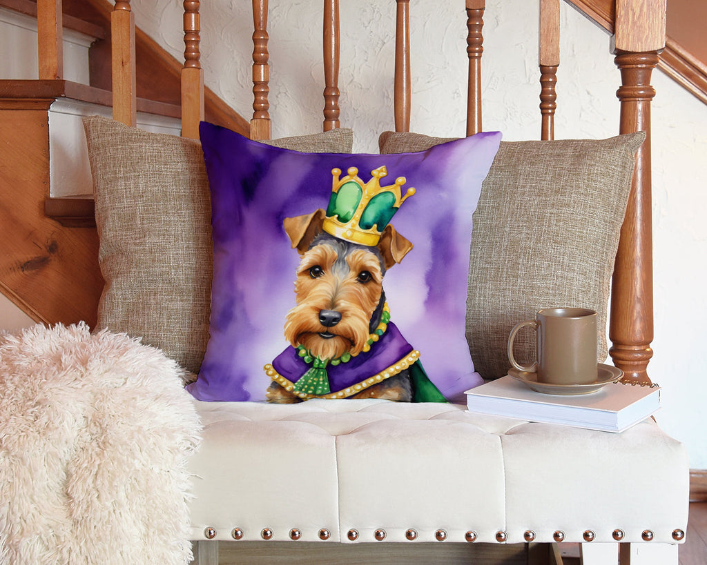 Welsh Terrier King of Mardi Gras Decorative Throw Pillow 14x14 Indoor Outdoor Accent Cushion, Fabric Cover with Insert for Sofa, Bed, Porch & Living Room