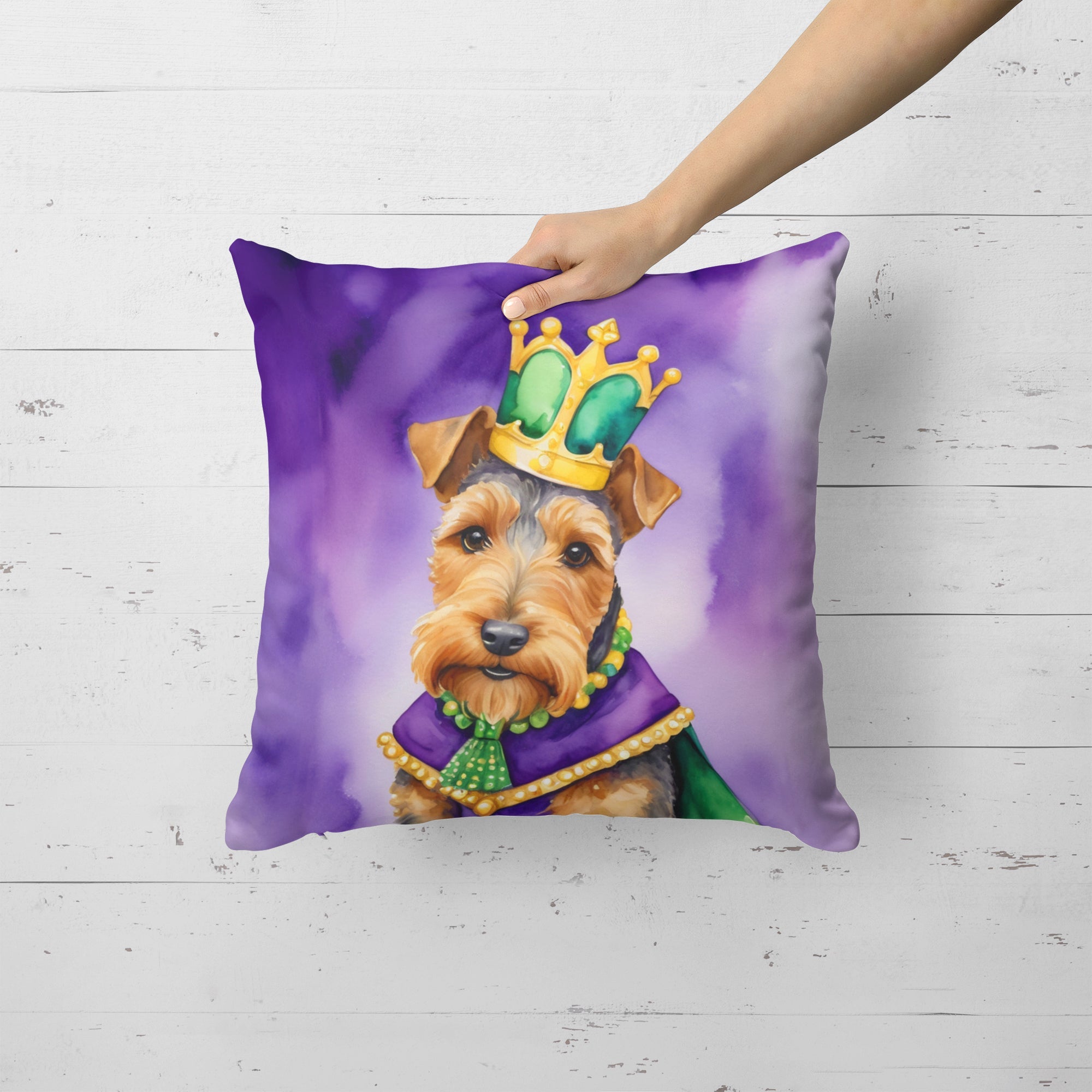 Welsh Terrier King of Mardi Gras Decorative Throw Pillow 18x18 Indoor Outdoor Accent Cushion, Fabric Cover with Insert for Sofa, Bed, Porch & Living Room