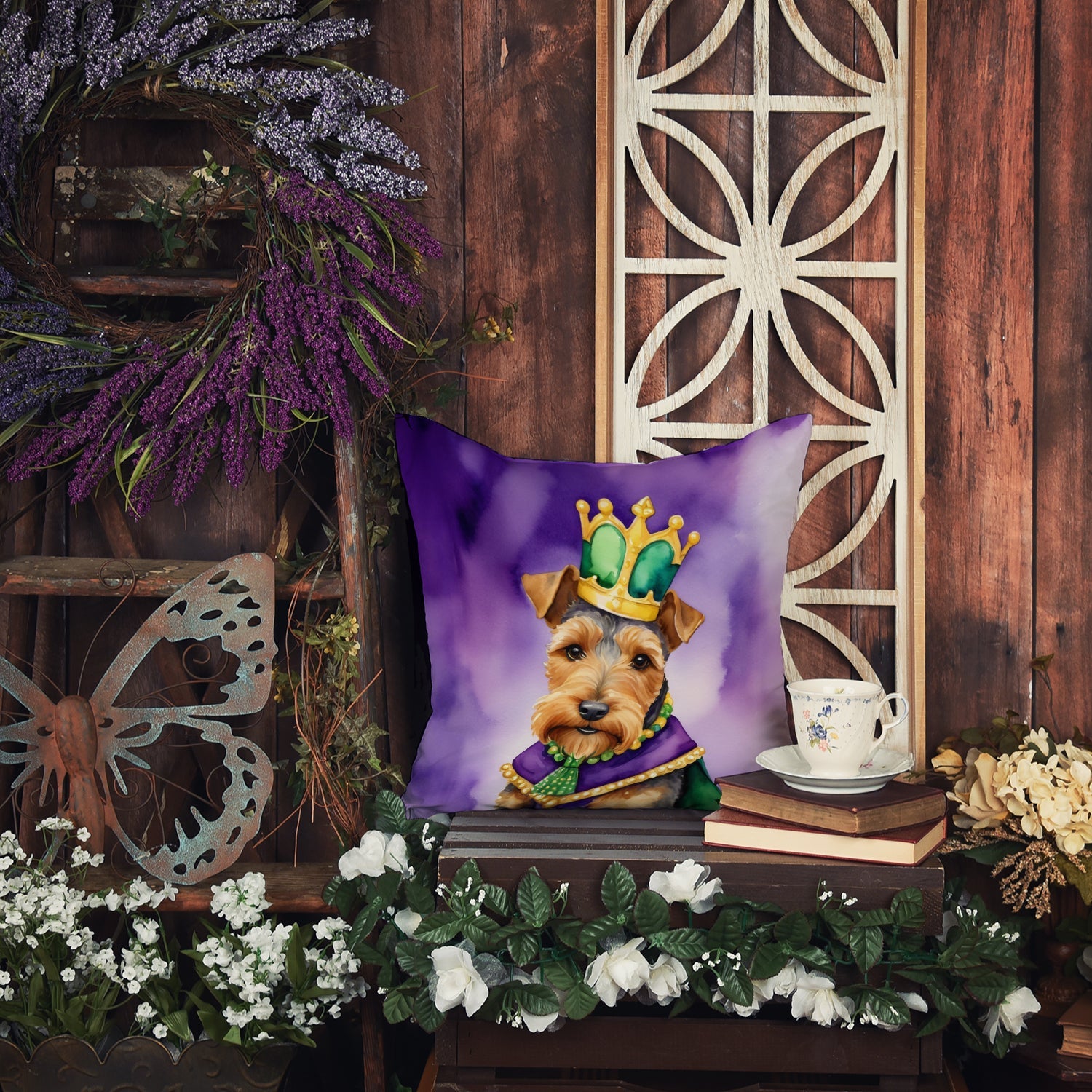 Welsh Terrier King of Mardi Gras Decorative Throw Pillow 18x18 Indoor Outdoor Accent Cushion, Fabric Cover with Insert for Sofa, Bed, Porch & Living Room