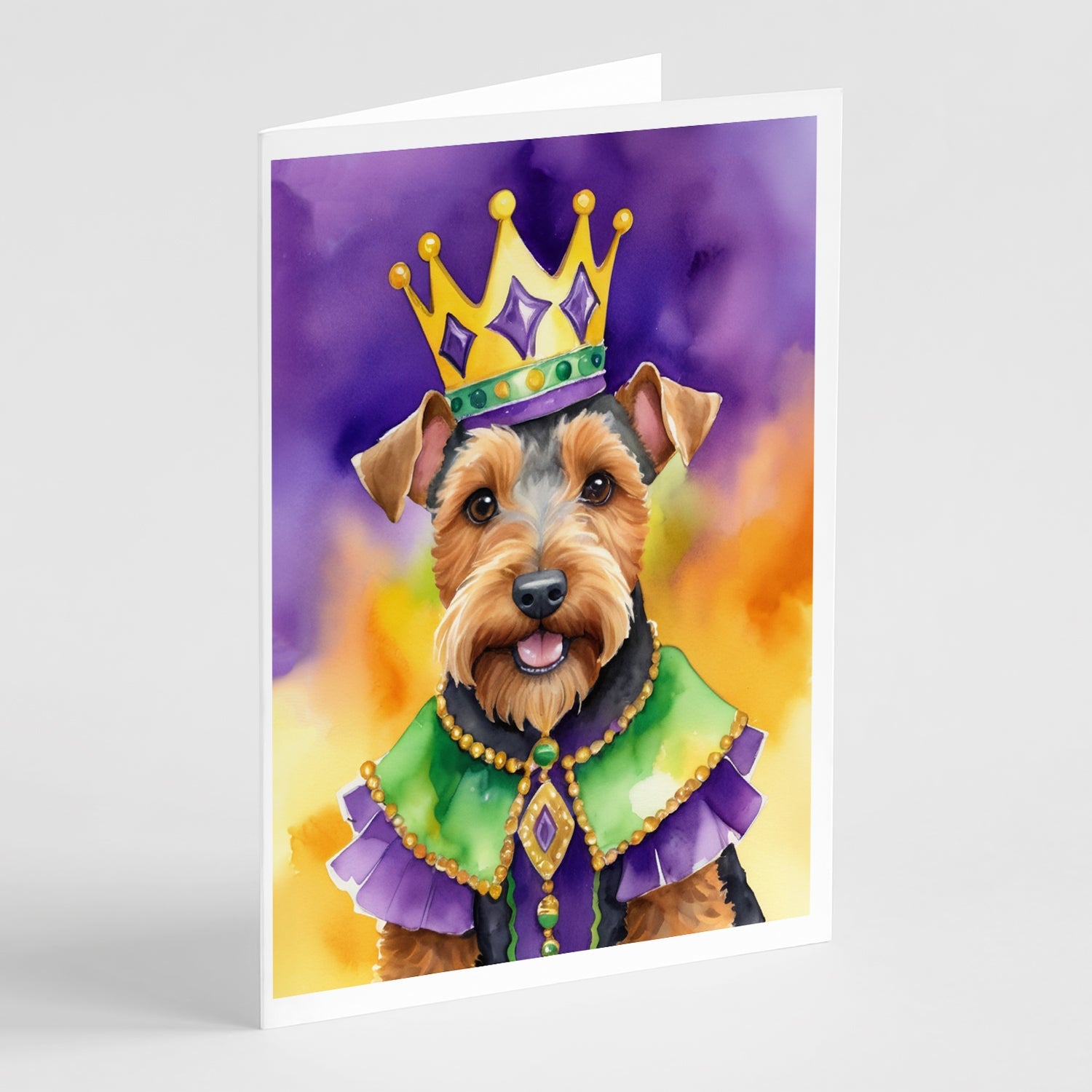 Welsh Terrier King of Mardi Gras Greeting Cards Pack of 8 Blank Cards with Envelopes Whimsical A7 Size 5x7