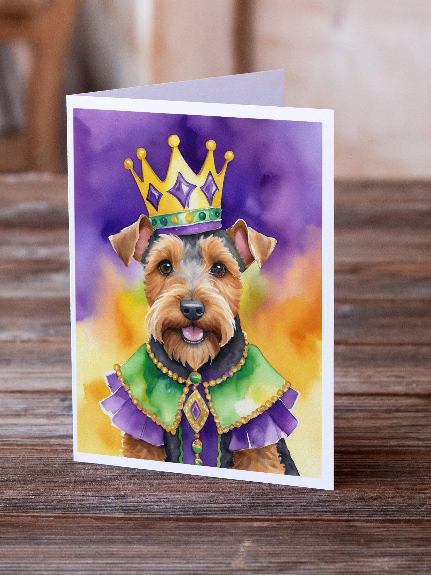 Welsh Terrier King of Mardi Gras Greeting Cards Pack of 8 Blank Cards with Envelopes Whimsical A7 Size 5x7