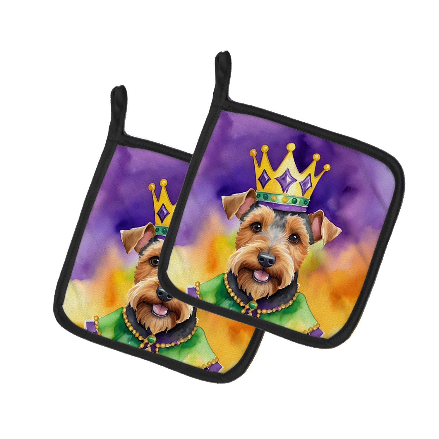 Welsh Terrier King of Mardi Gras Pot Holder Set of 2 Heat Resistant Quilted Hot Pads 7.5 x 7.5 Inch, Insulated Kitchen Trivets for Cooking & Baking