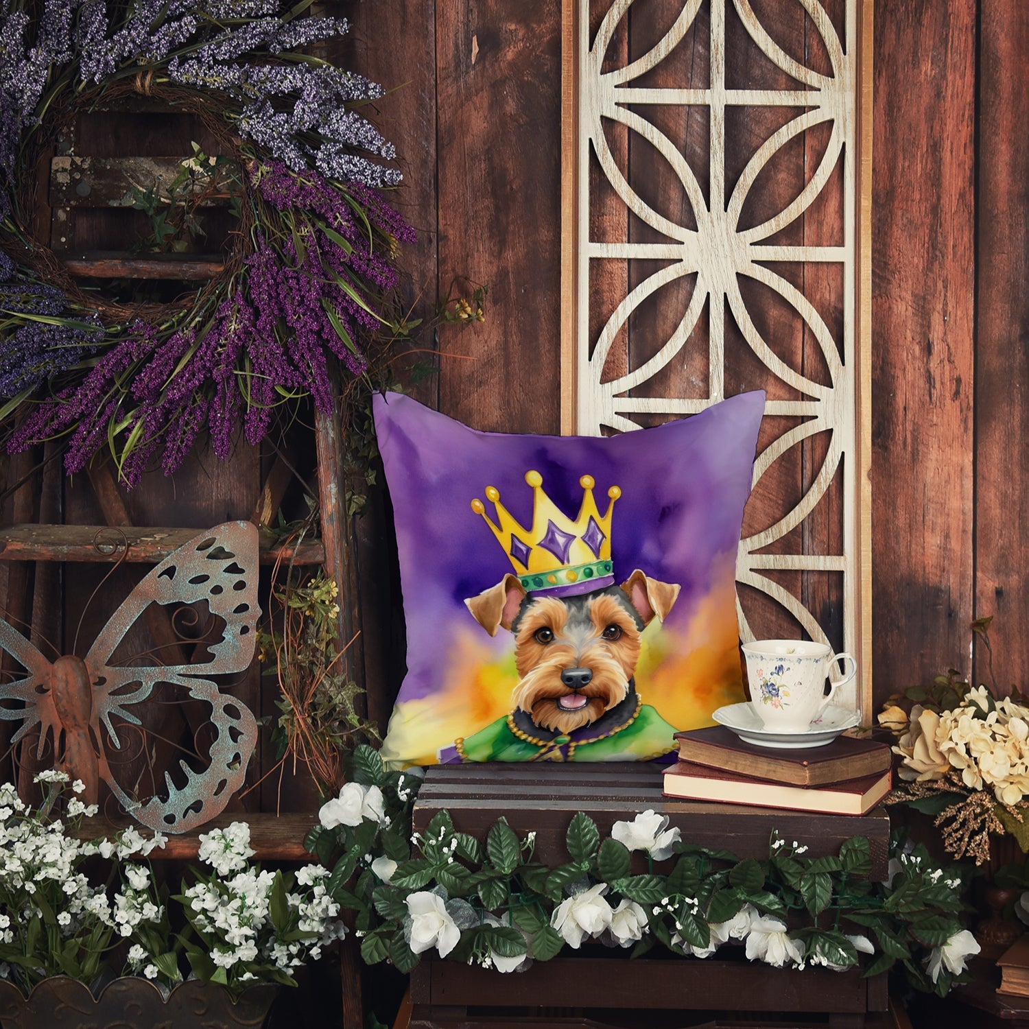 Welsh Terrier King of Mardi Gras Decorative Throw Pillow 14x14 Indoor Outdoor Accent Cushion, Fabric Cover with Insert for Sofa, Bed, Porch & Living Room