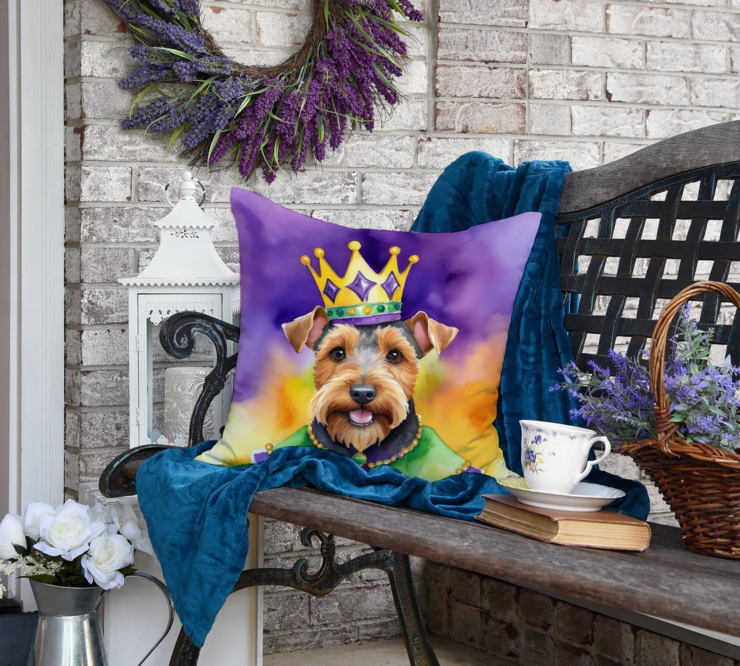Welsh Terrier King of Mardi Gras Decorative Throw Pillow 18x18 Indoor Outdoor Accent Cushion, Fabric Cover with Insert for Sofa, Bed, Porch & Living Room