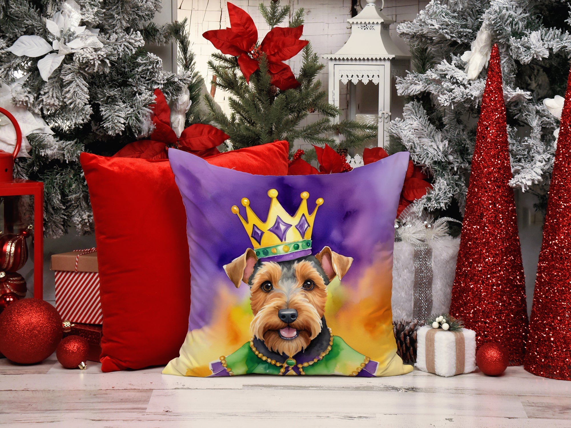 Welsh Terrier King of Mardi Gras Decorative Throw Pillow 18x18 Indoor Outdoor Accent Cushion, Fabric Cover with Insert for Sofa, Bed, Porch & Living Room
