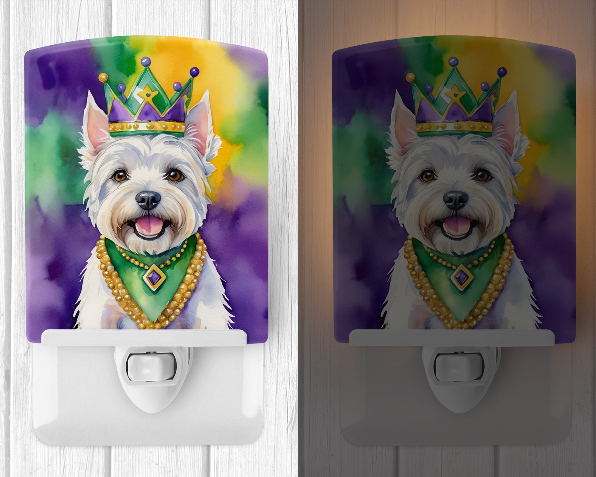 Westie King of Mardi Gras Ceramic Night Light Compact, UL-Certified, Ideal for Bedroom, Bathroom, Nursery, Hallway, Kitchen, 6x4x3, Multicolor