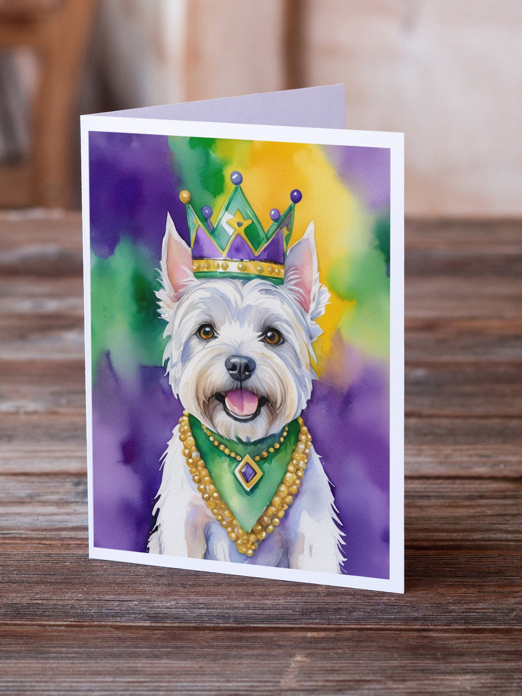 Westie King of Mardi Gras Greeting Cards Pack of 8 Blank Cards with Envelopes Whimsical A7 Size 5x7