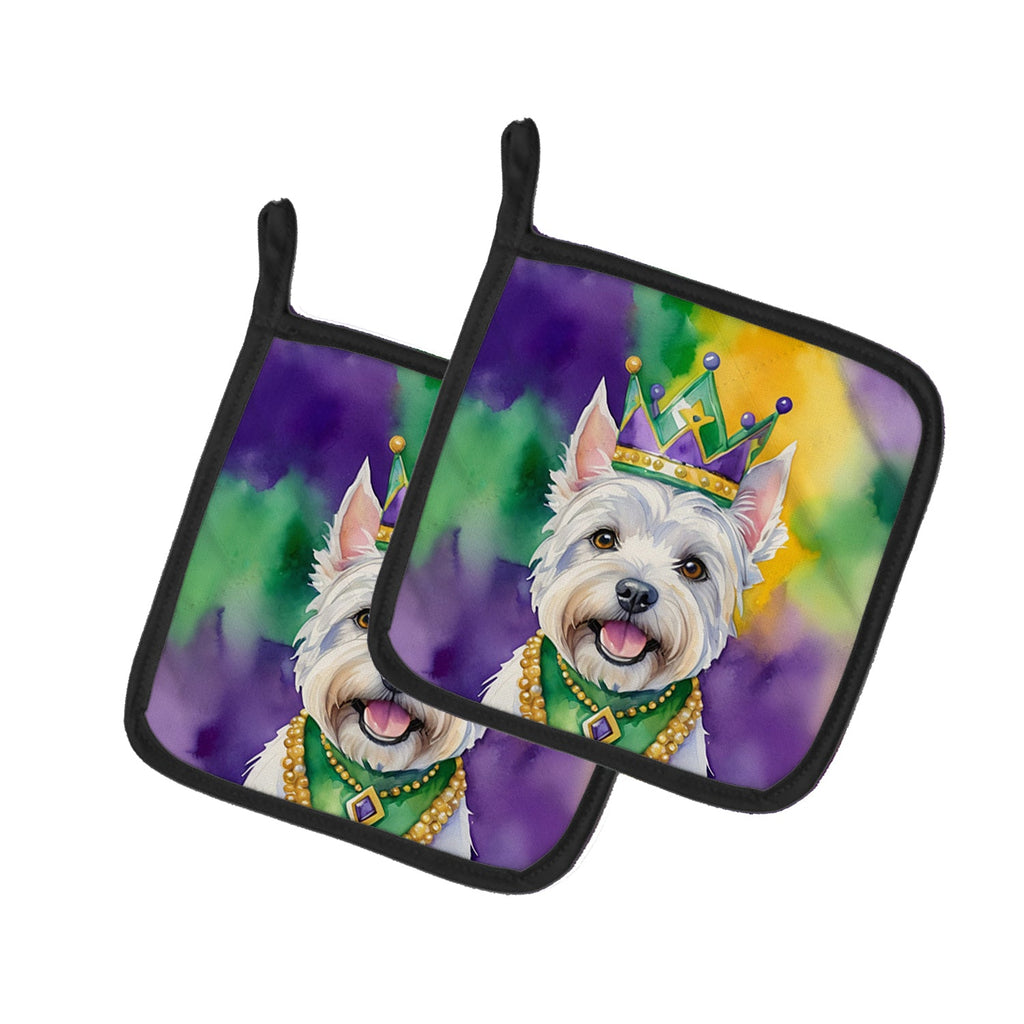 Westie King of Mardi Gras Pot Holder Set of 2 Heat Resistant Quilted Hot Pads 7.5 x 7.5 Inch, Insulated Kitchen Trivets for Cooking & Baking