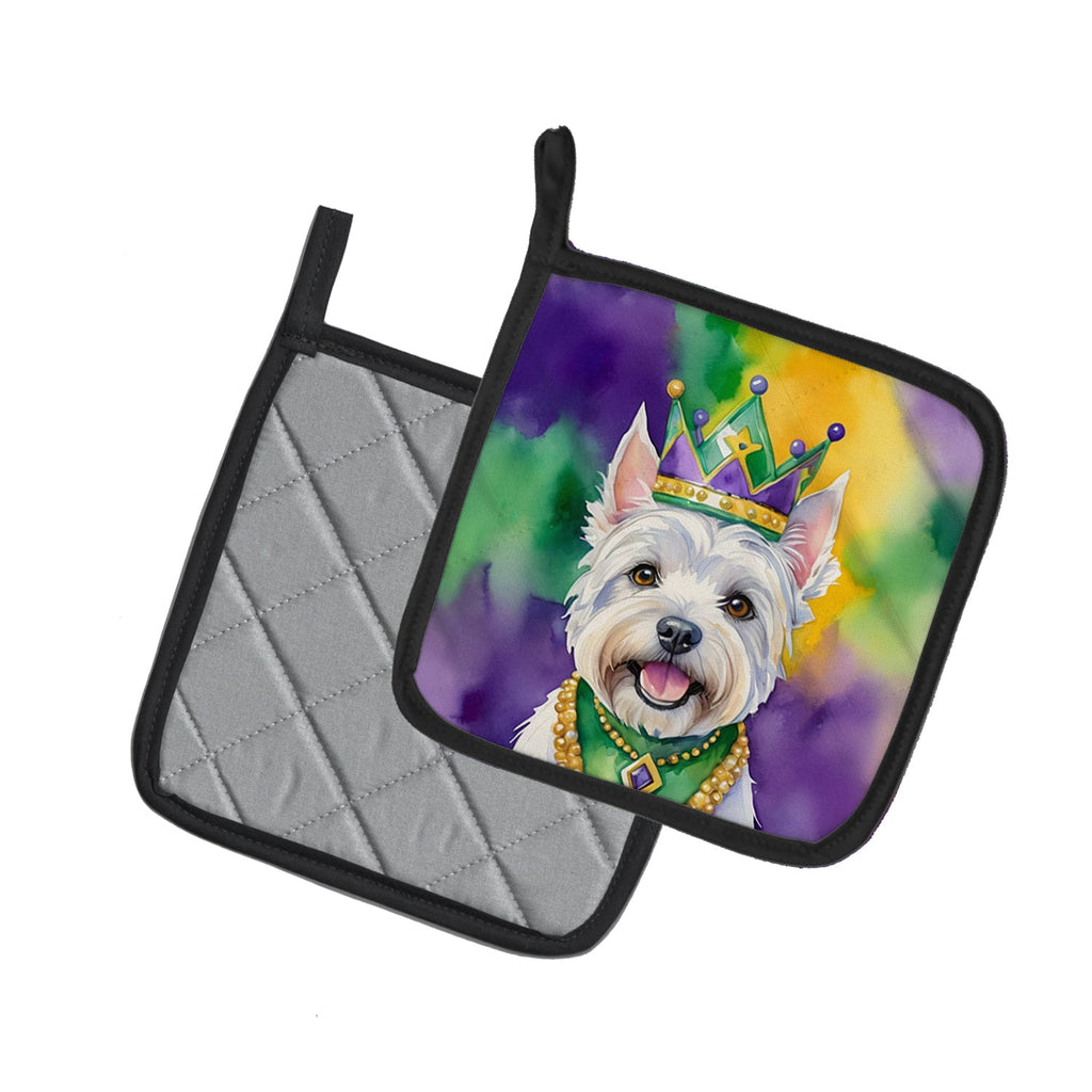 Westie King of Mardi Gras Pot Holder Set of 2 Heat Resistant Quilted Hot Pads 7.5 x 7.5 Inch, Insulated Kitchen Trivets for Cooking & Baking
