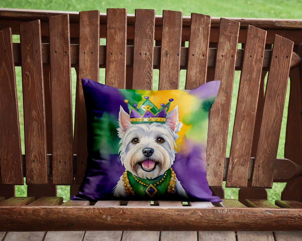 Westie King of Mardi Gras Decorative Throw Pillow 14x14 Indoor Outdoor Accent Cushion, Fabric Cover with Insert for Sofa, Bed, Porch & Living Room