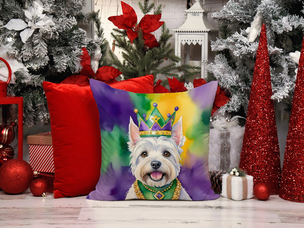 Westie King of Mardi Gras Decorative Throw Pillow 14x14 Indoor Outdoor Accent Cushion, Fabric Cover with Insert for Sofa, Bed, Porch & Living Room