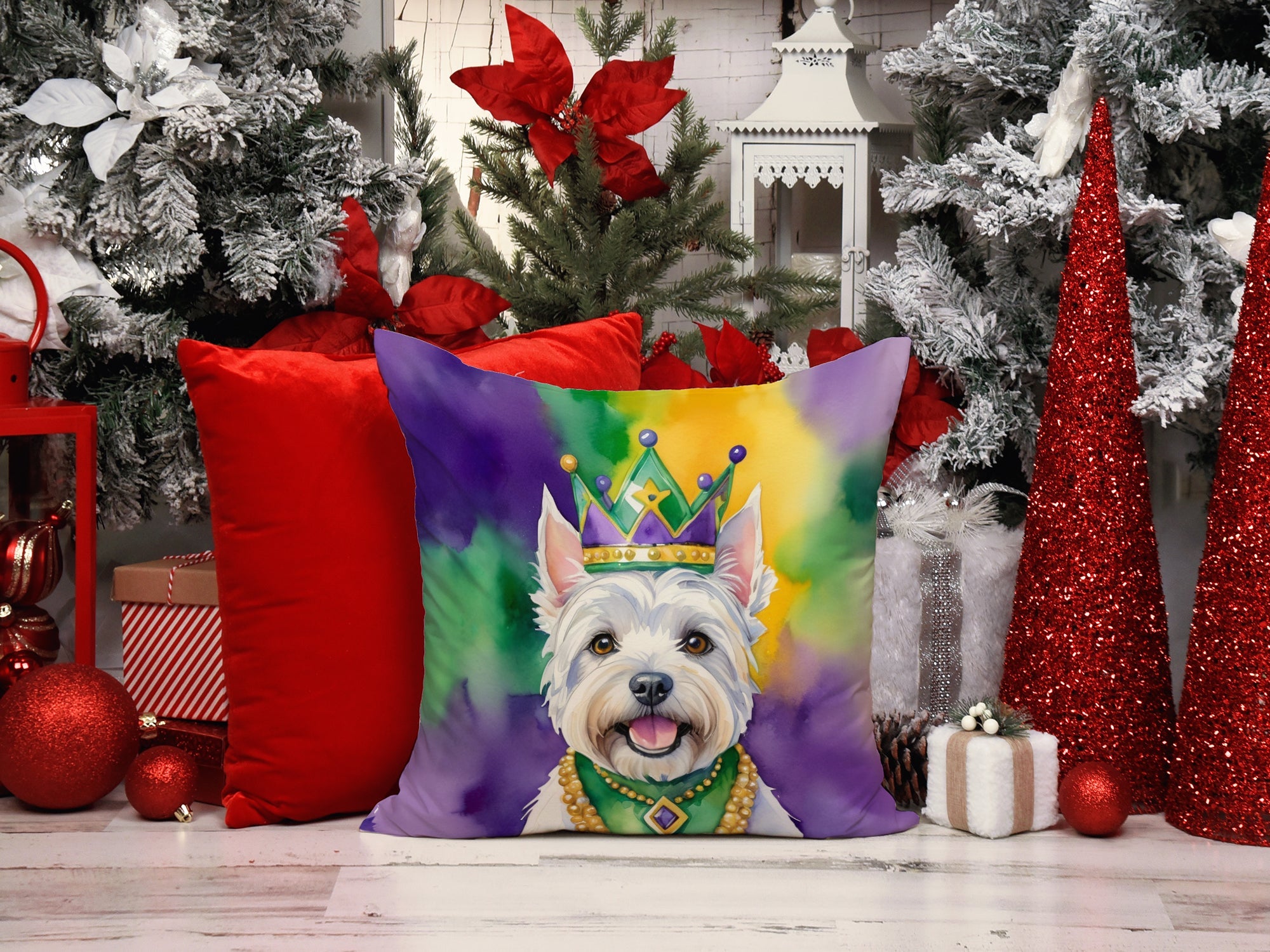 Westie King of Mardi Gras Decorative Throw Pillow 14x14 Indoor Outdoor Accent Cushion, Fabric Cover with Insert for Sofa, Bed, Porch & Living Room