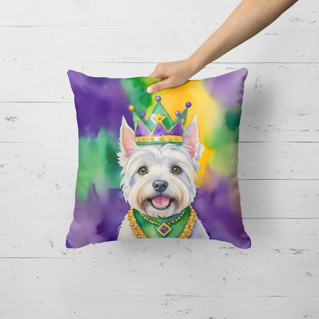 Westie King of Mardi Gras Decorative Throw Pillow 18x18 Indoor Outdoor Accent Cushion, Fabric Cover with Insert for Sofa, Bed, Porch & Living Room