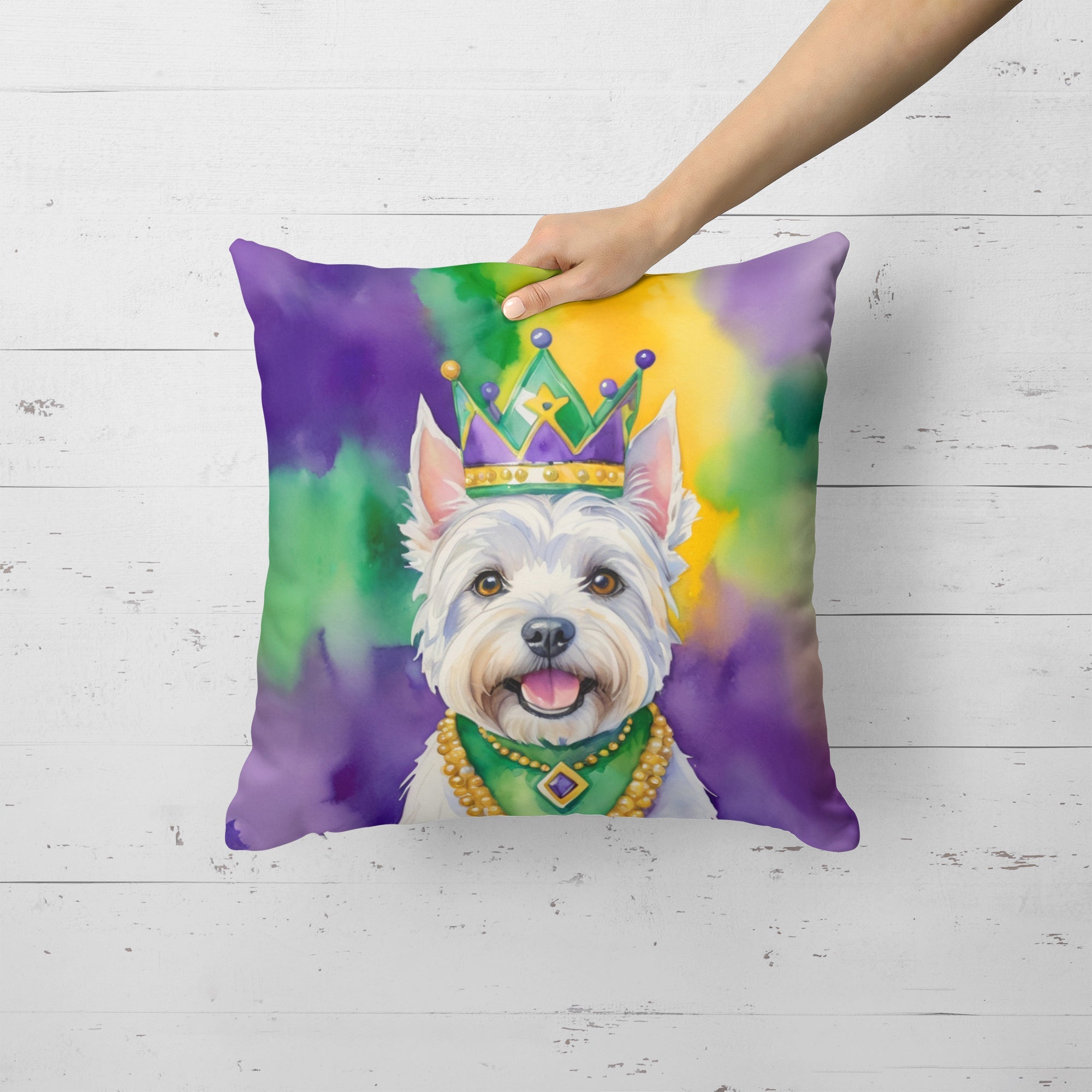 Westie King of Mardi Gras Decorative Throw Pillow 18x18 Indoor Outdoor Accent Cushion, Fabric Cover with Insert for Sofa, Bed, Porch & Living Room