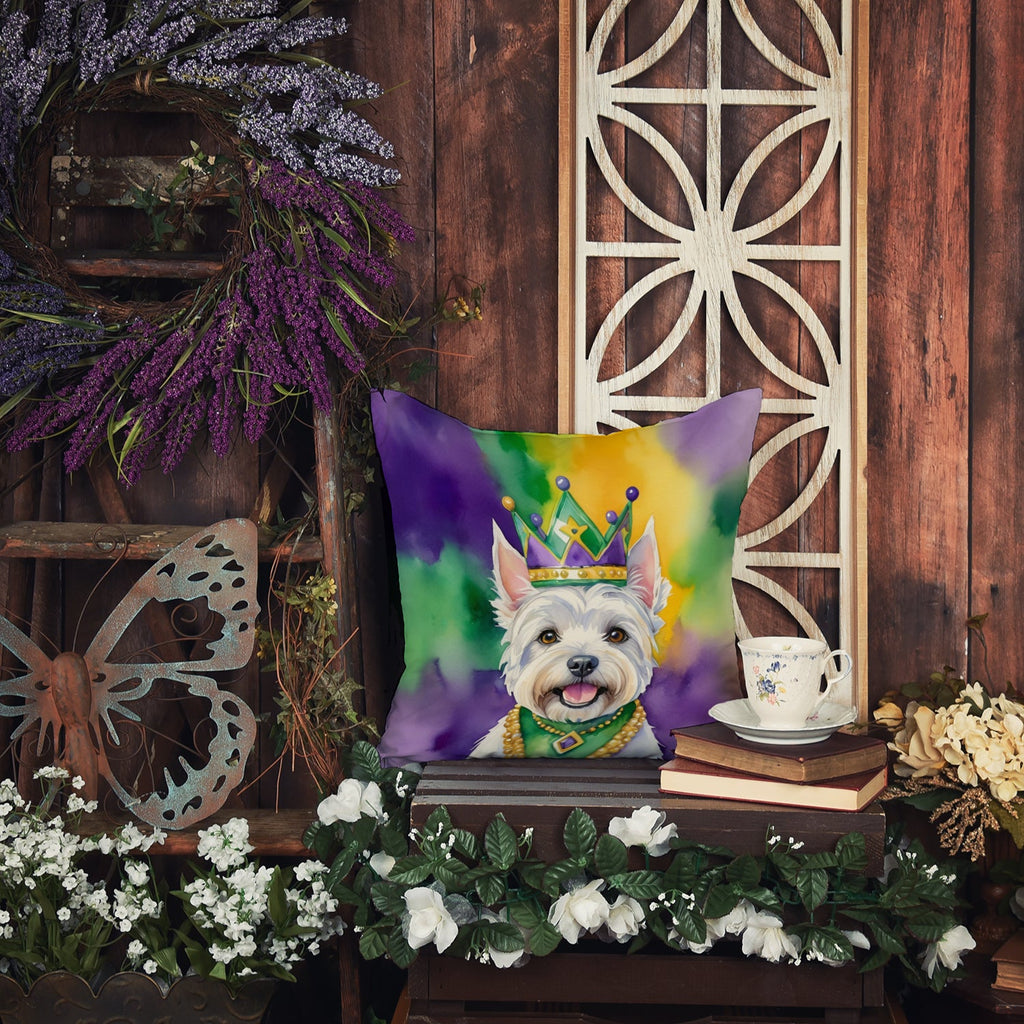 Westie King of Mardi Gras Decorative Throw Pillow 18x18 Indoor Outdoor Accent Cushion, Fabric Cover with Insert for Sofa, Bed, Porch & Living Room