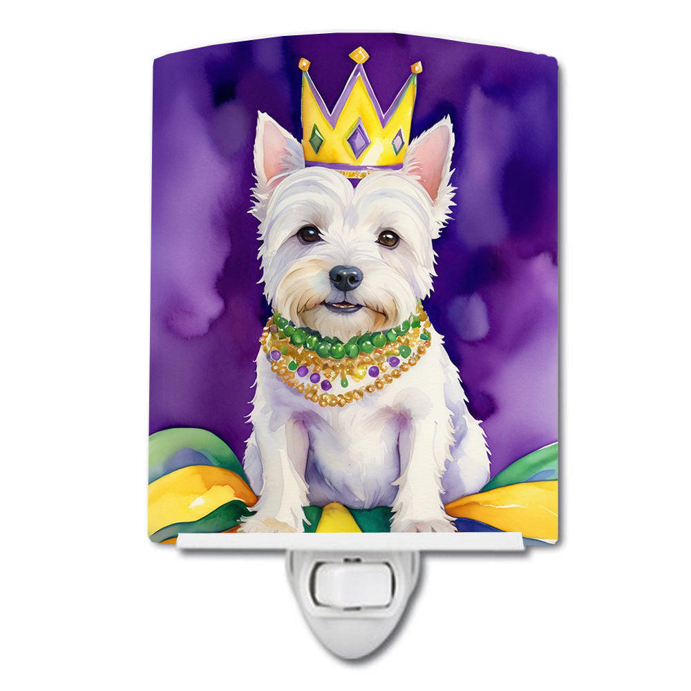 Westie King of Mardi Gras Ceramic Night Light Compact, UL-Certified, Ideal for Bedroom, Bathroom, Nursery, Hallway, Kitchen, 6x4x3, Multicolor