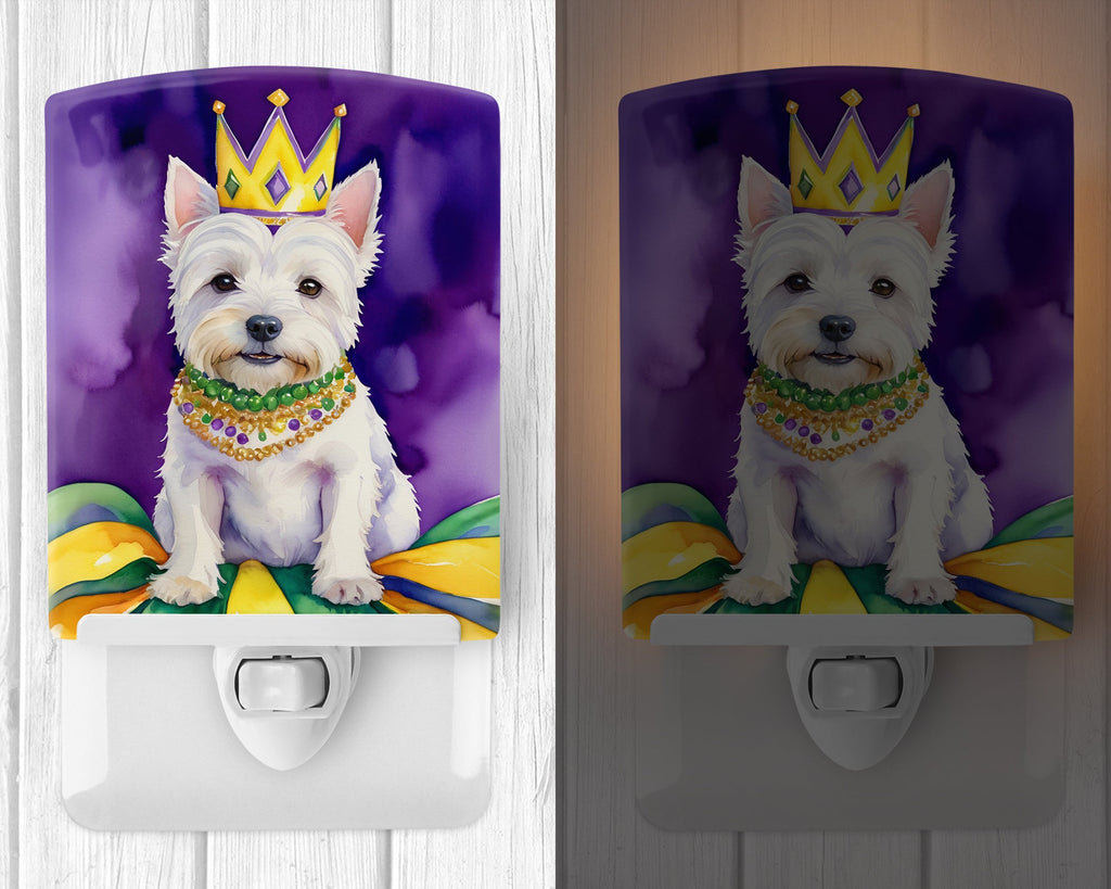 Westie King of Mardi Gras Ceramic Night Light Compact, UL-Certified, Ideal for Bedroom, Bathroom, Nursery, Hallway, Kitchen, 6x4x3, Multicolor