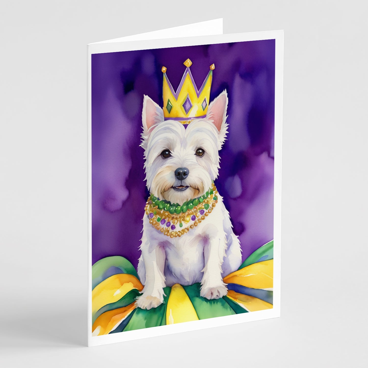 Westie King of Mardi Gras Greeting Cards Pack of 8 Blank Cards with Envelopes Whimsical A7 Size 5x7