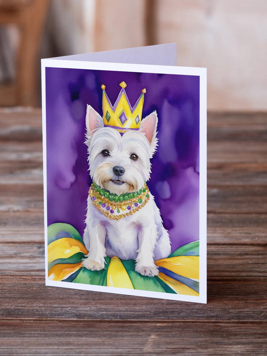 Westie King of Mardi Gras Greeting Cards Pack of 8 Blank Cards with Envelopes Whimsical A7 Size 5x7