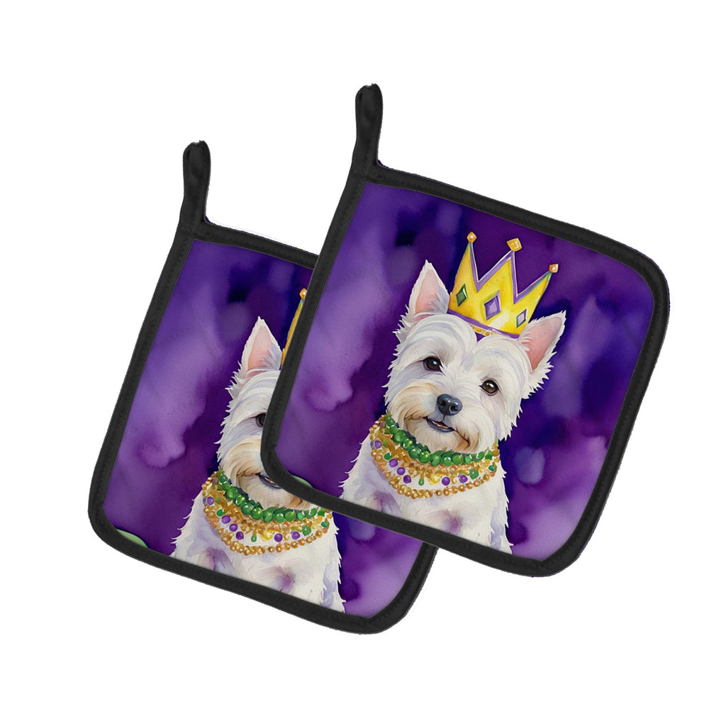 Westie King of Mardi Gras Pot Holder Set of 2 Heat Resistant Quilted Hot Pads 7.5 x 7.5 Inch, Insulated Kitchen Trivets for Cooking & Baking