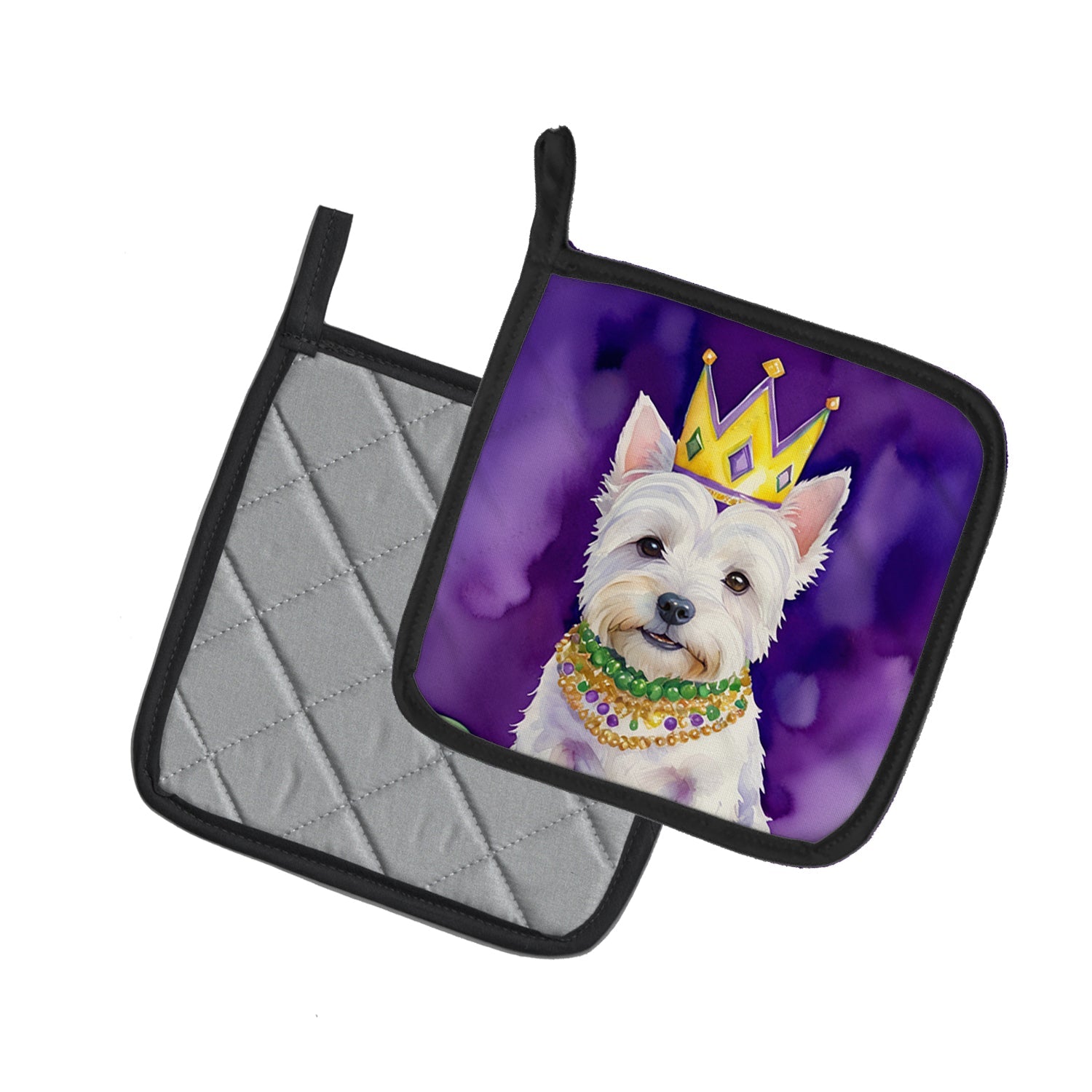 Westie King of Mardi Gras Pot Holder Set of 2 Heat Resistant Quilted Hot Pads 7.5 x 7.5 Inch, Insulated Kitchen Trivets for Cooking & Baking