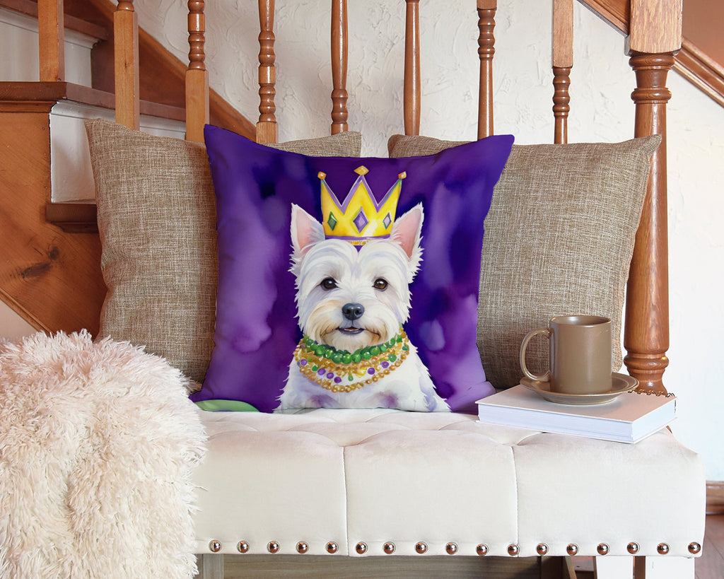 Westie King of Mardi Gras Decorative Throw Pillow 14x14 Indoor Outdoor Accent Cushion, Fabric Cover with Insert for Sofa, Bed, Porch & Living Room