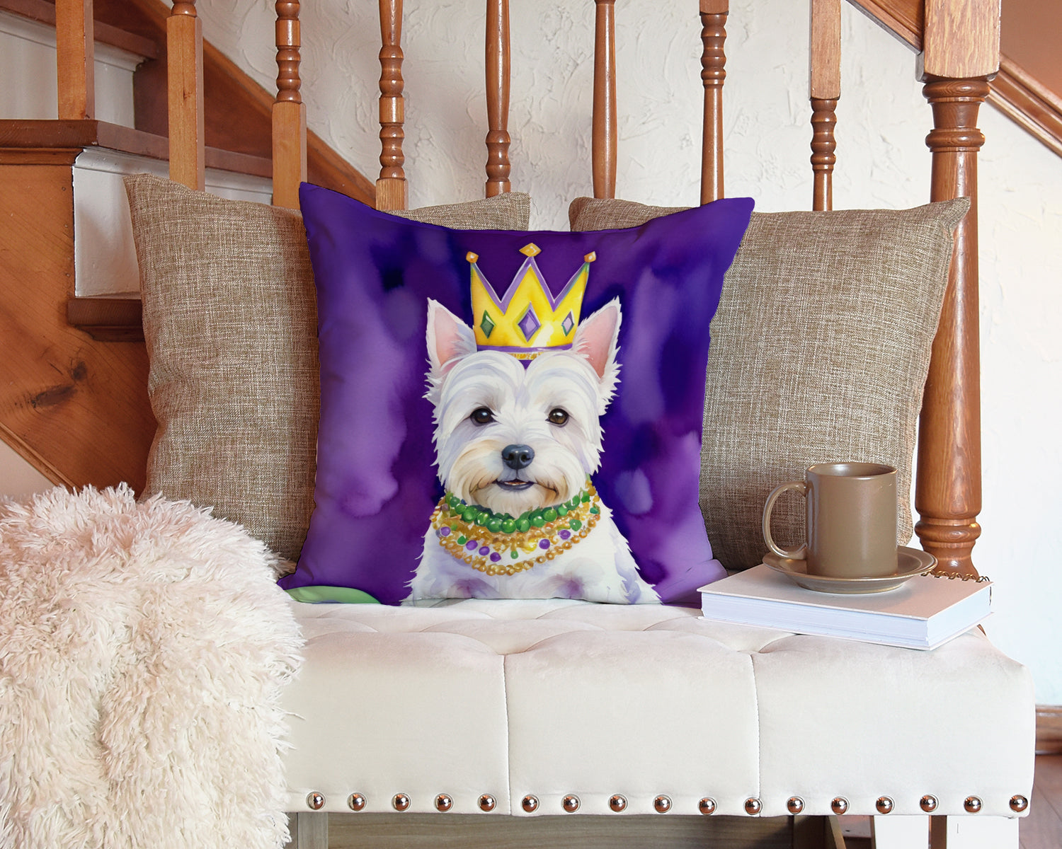 Westie King of Mardi Gras Decorative Throw Pillow 14x14 Indoor Outdoor Accent Cushion, Fabric Cover with Insert for Sofa, Bed, Porch & Living Room