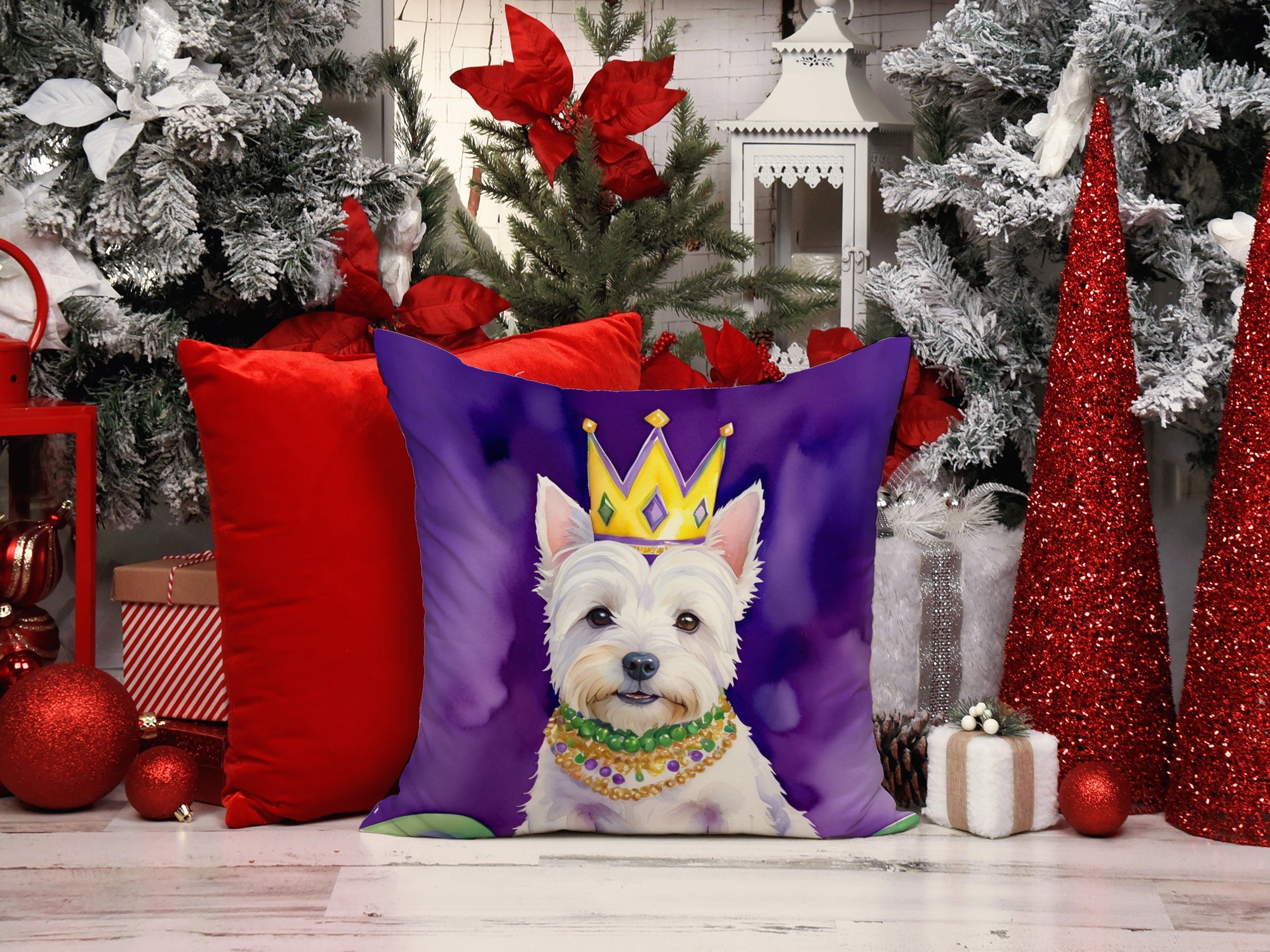 Westie King of Mardi Gras Decorative Throw Pillow 14x14 Indoor Outdoor Accent Cushion, Fabric Cover with Insert for Sofa, Bed, Porch & Living Room