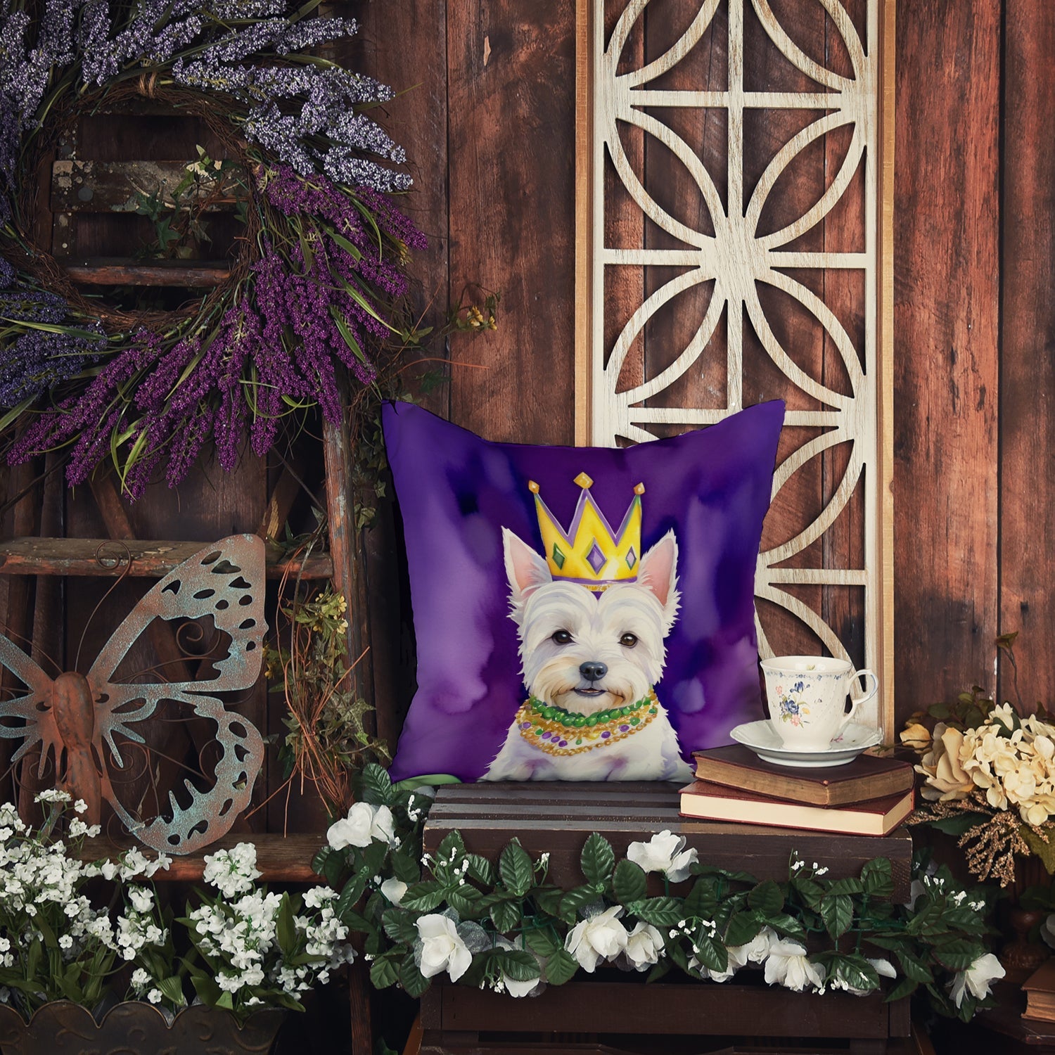 Westie King of Mardi Gras Decorative Throw Pillow 18x18 Indoor Outdoor Accent Cushion, Fabric Cover with Insert for Sofa, Bed, Porch & Living Room