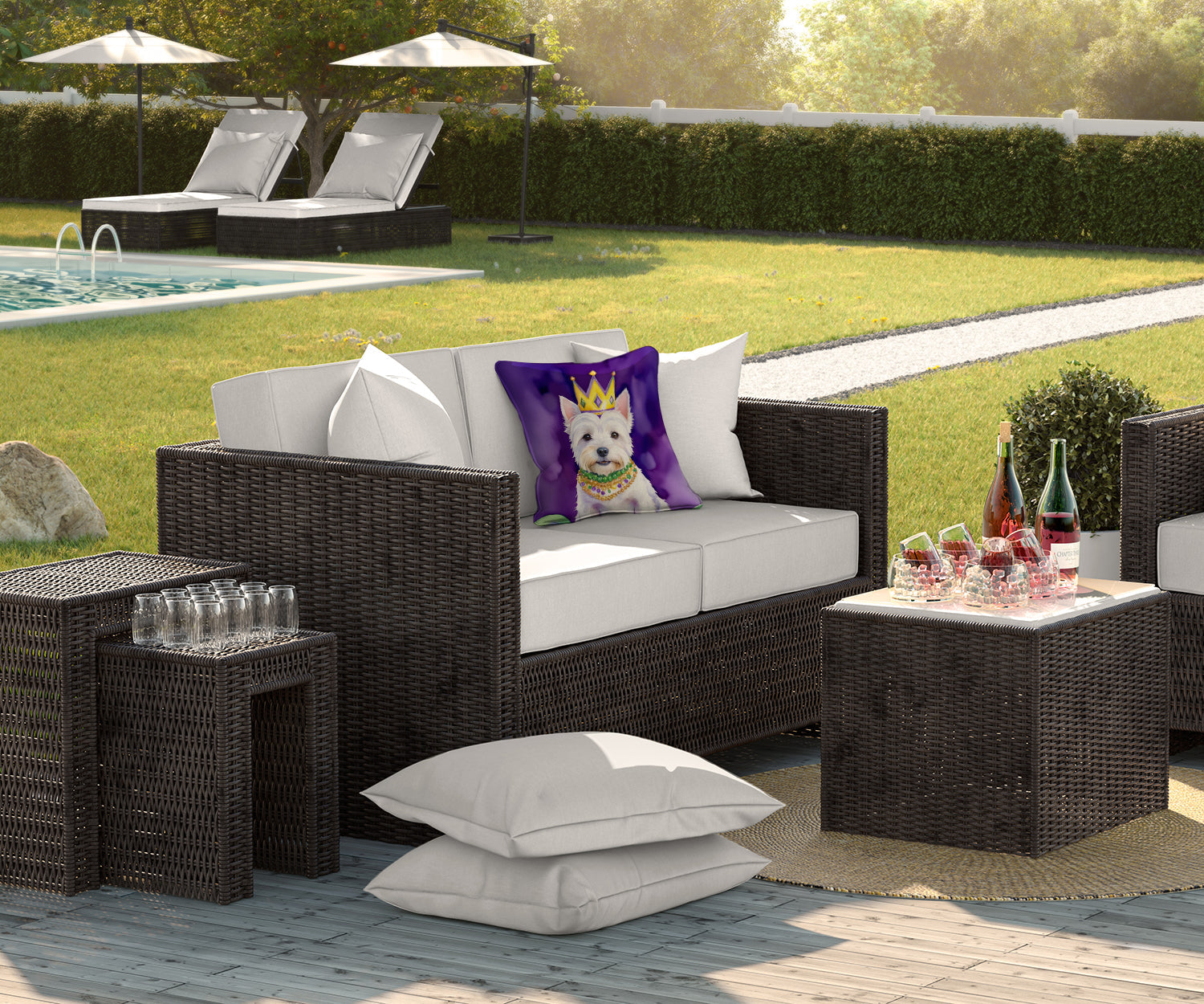 Westie King of Mardi Gras Decorative Throw Pillow 18x18 Indoor Outdoor Accent Cushion, Fabric Cover with Insert for Sofa, Bed, Porch & Living Room