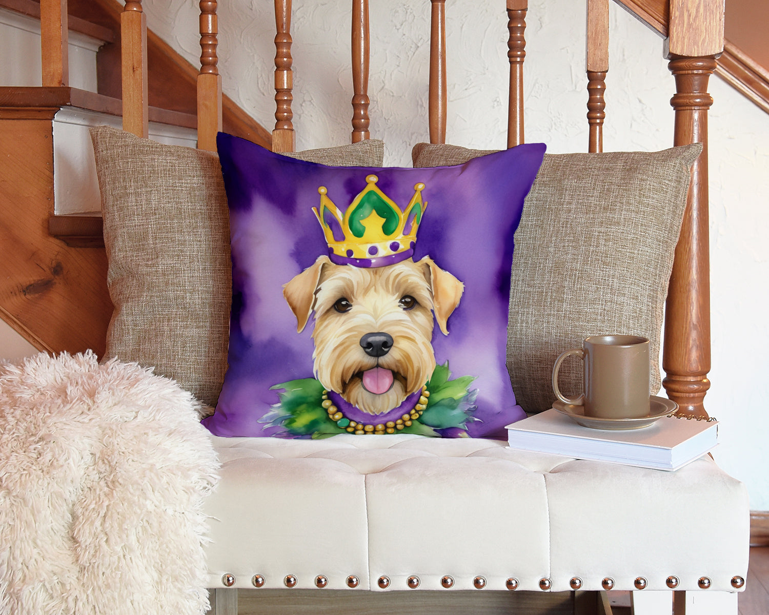 Wheaten Terrier King of Mardi Gras Decorative Throw Pillow 14x14 Indoor Outdoor Accent Cushion, Fabric Cover with Insert for Sofa, Bed, Porch & Living Room